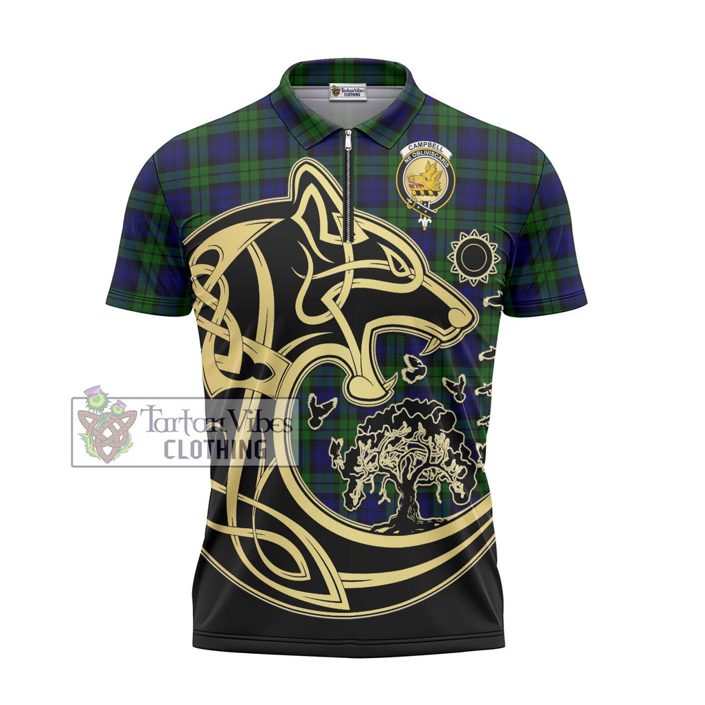 Campbell Tartan Zipper Polo Shirt with Family Crest Celtic Wolf Style - Tartanvibesclothing Shop