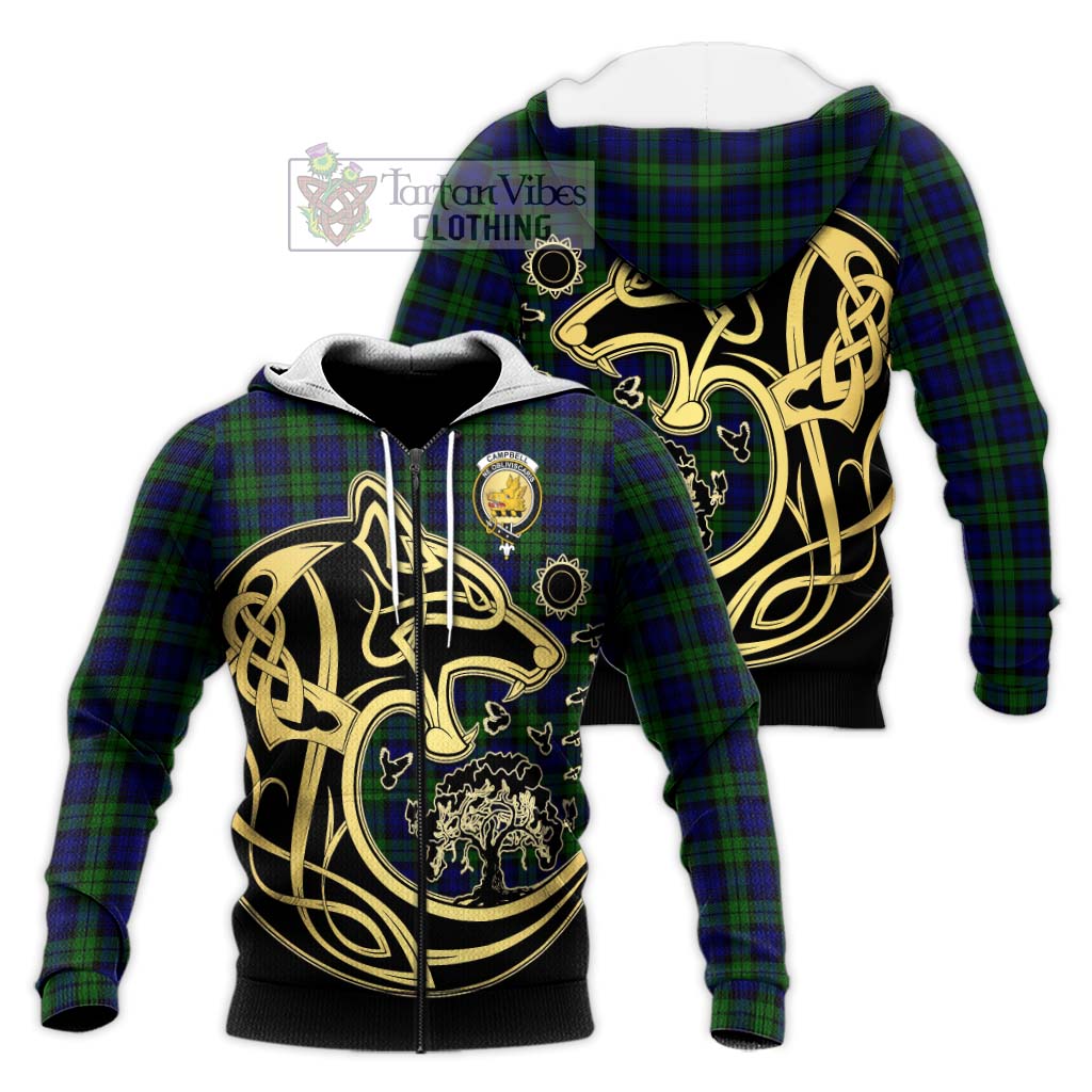 Campbell Tartan Knitted Hoodie with Family Crest Celtic Wolf Style Unisex Knitted Zip Hoodie - Tartan Vibes Clothing