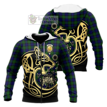 Campbell Tartan Knitted Hoodie with Family Crest Celtic Wolf Style