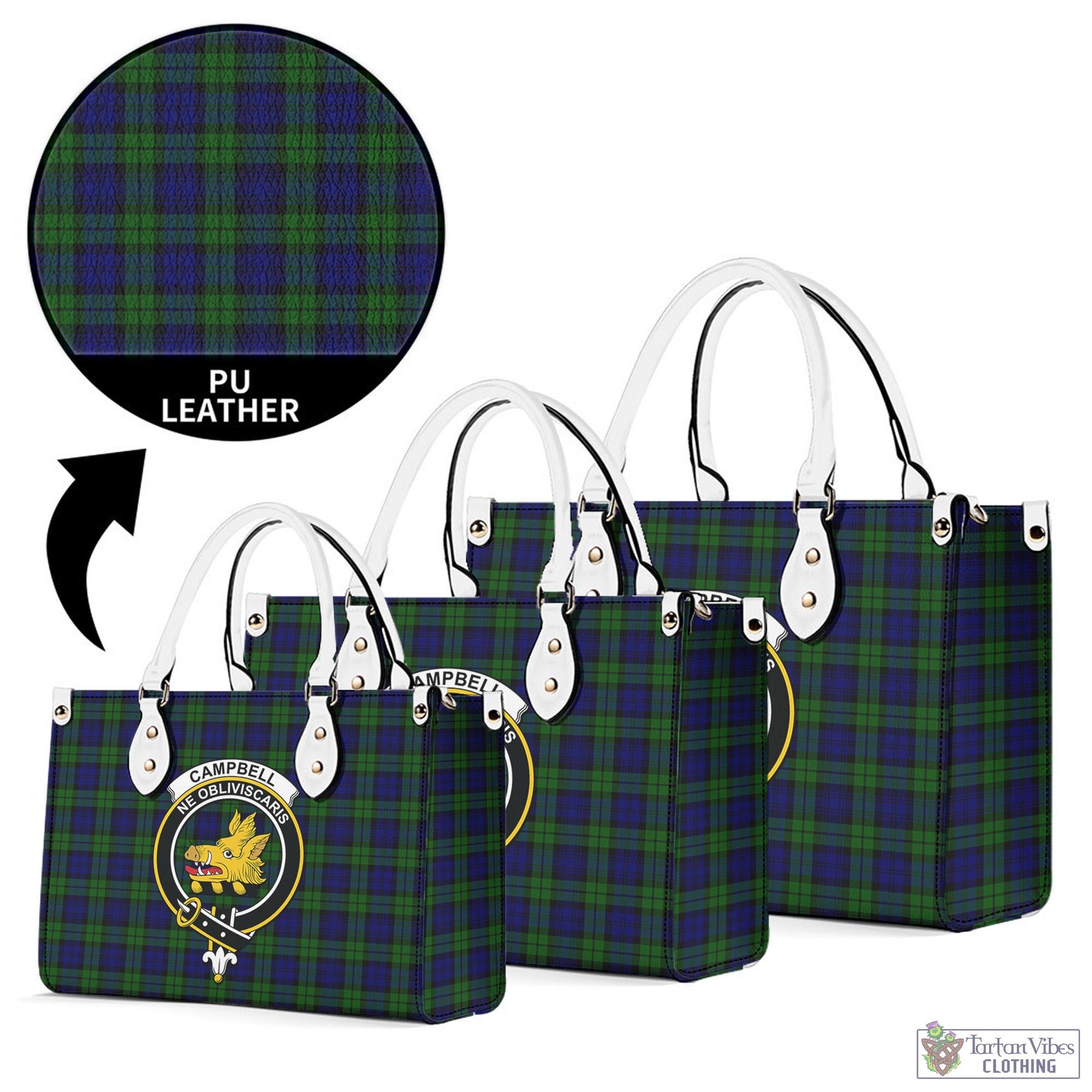 Tartan Vibes Clothing Campbell Modern Tartan Luxury Leather Handbags with Family Crest