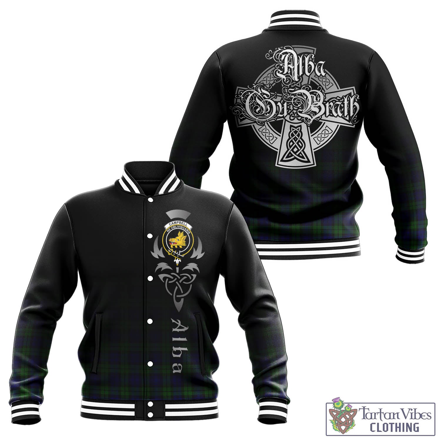 Tartan Vibes Clothing Campbell Modern Tartan Baseball Jacket Featuring Alba Gu Brath Family Crest Celtic Inspired