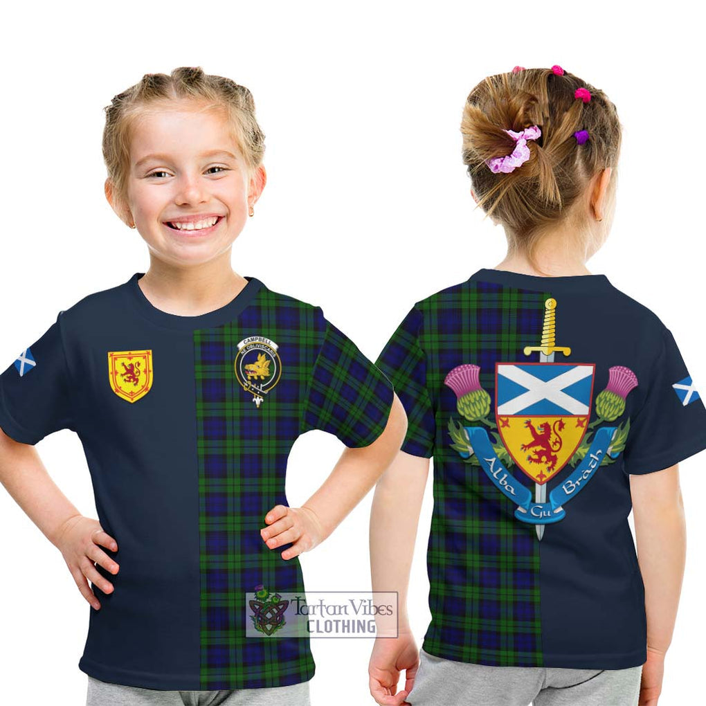 Tartan Vibes Clothing Campbell Modern Tartan Kid T-Shirt with Scottish Lion Royal Arm Half Style