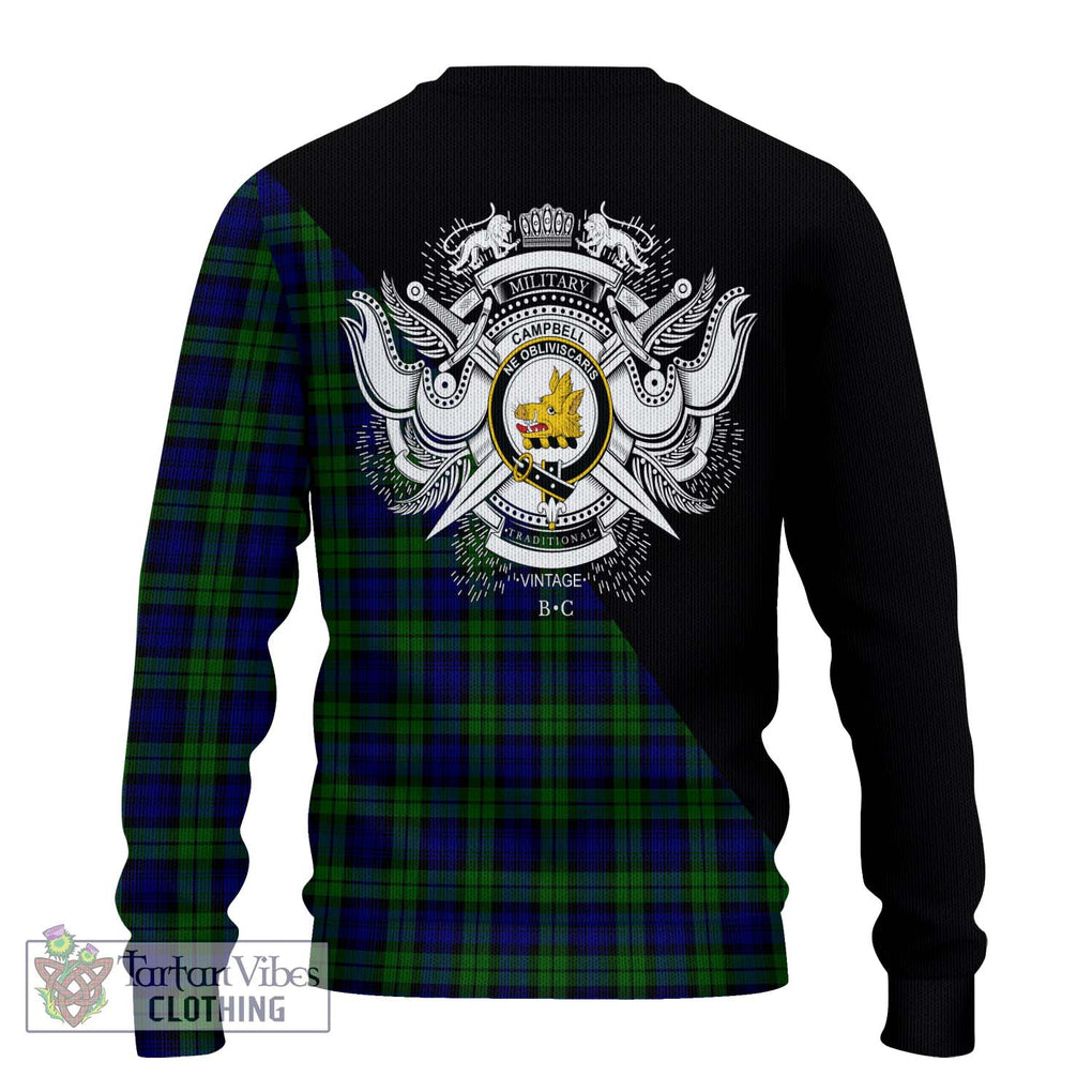 Campbell Tartan Knitted Sweater with Family Crest and Military Logo Style - Tartanvibesclothing Shop