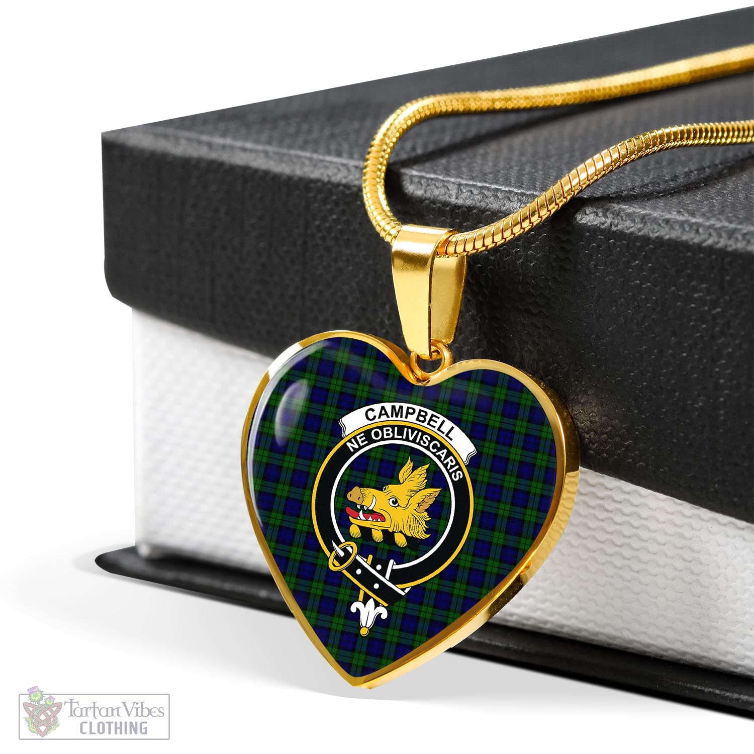 Tartan Vibes Clothing Campbell Modern Tartan Heart Necklace with Family Crest