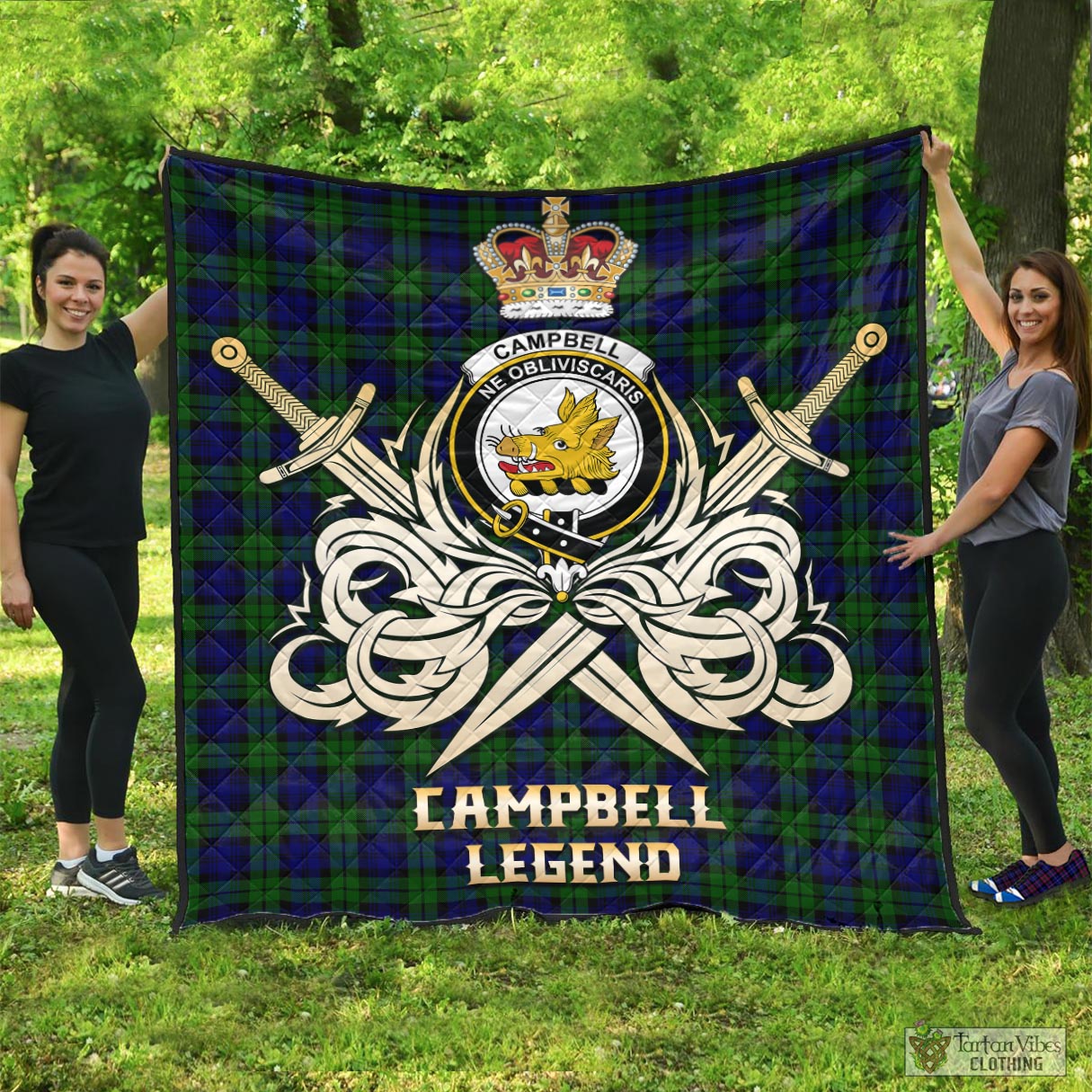 Tartan Vibes Clothing Campbell Modern Tartan Quilt with Clan Crest and the Golden Sword of Courageous Legacy