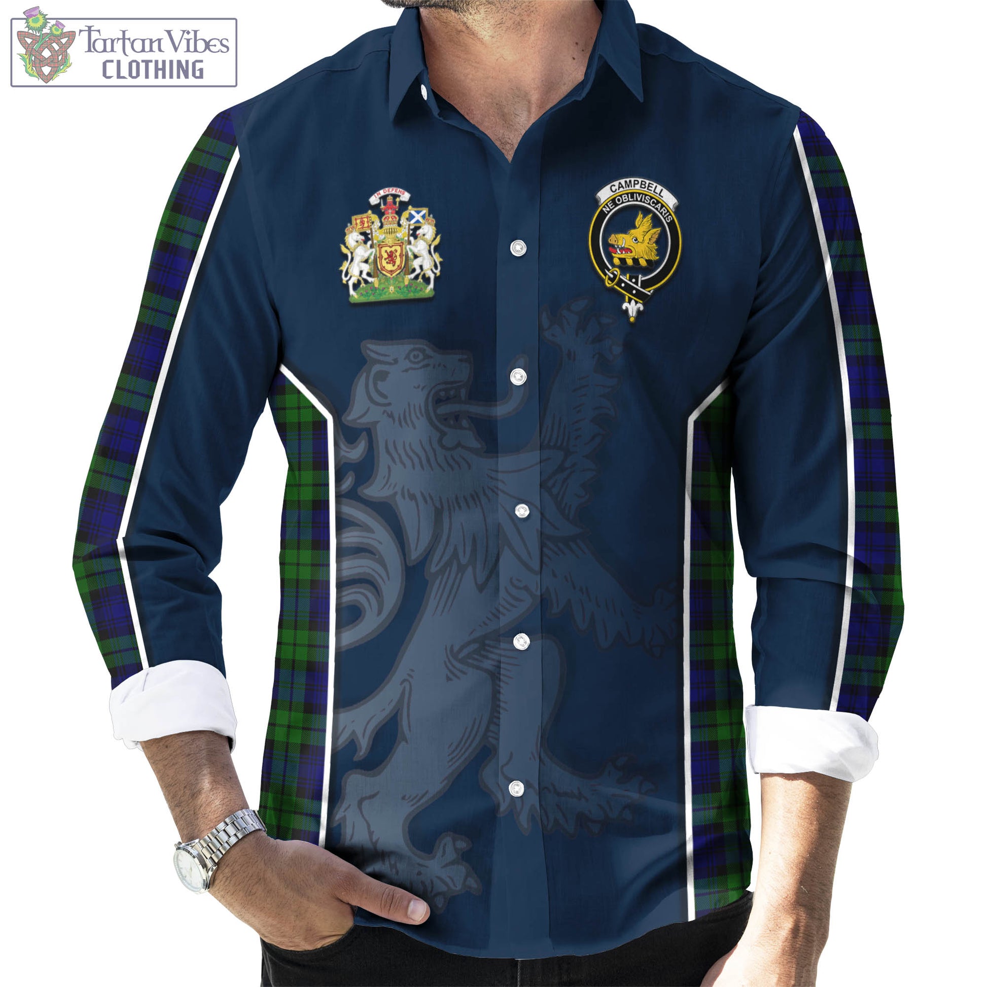 Tartan Vibes Clothing Campbell Modern Tartan Long Sleeve Button Up Shirt with Family Crest and Lion Rampant Vibes Sport Style