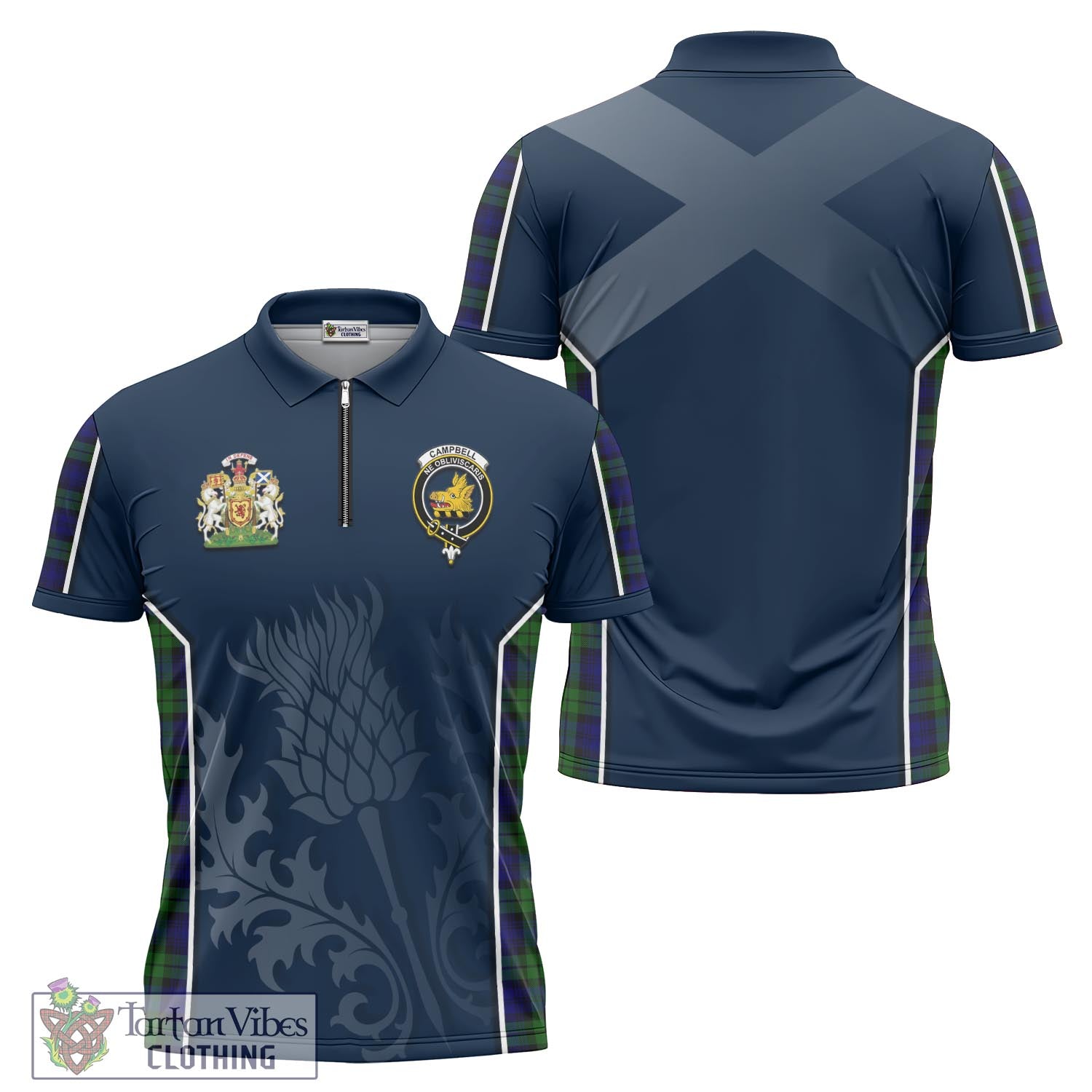 Tartan Vibes Clothing Campbell Modern Tartan Zipper Polo Shirt with Family Crest and Scottish Thistle Vibes Sport Style