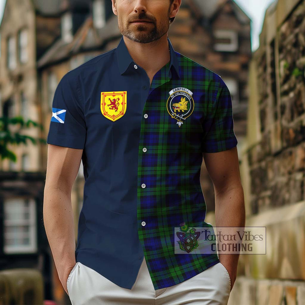 Tartan Vibes Clothing Campbell Modern Tartan Short Sleeve Button Shirt with Scottish Lion Royal Arm Half Style