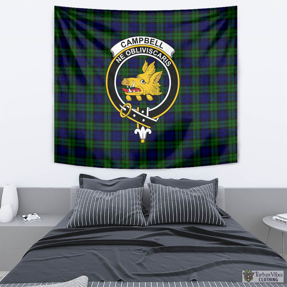 Tartan Vibes Clothing Campbell Modern Tartan Tapestry Wall Hanging and Home Decor for Room with Family Crest