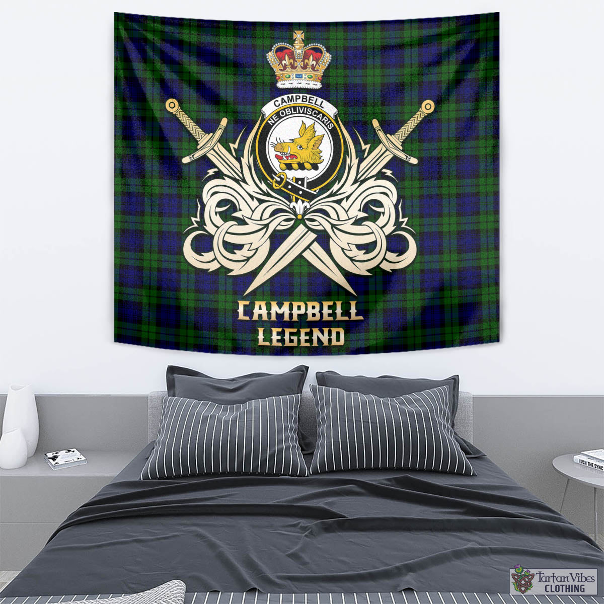 Tartan Vibes Clothing Campbell Modern Tartan Tapestry with Clan Crest and the Golden Sword of Courageous Legacy