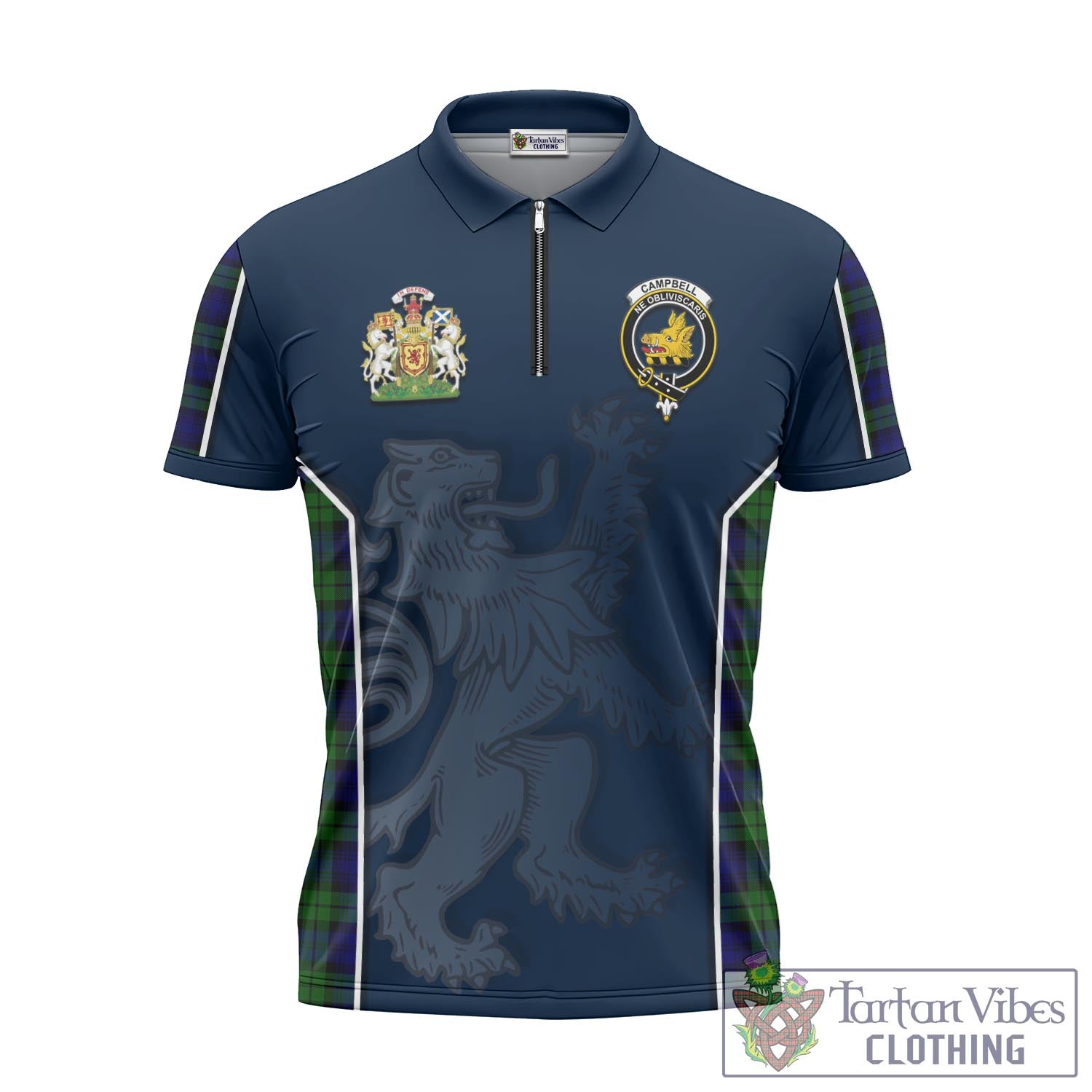 Tartan Vibes Clothing Campbell Modern Tartan Zipper Polo Shirt with Family Crest and Lion Rampant Vibes Sport Style