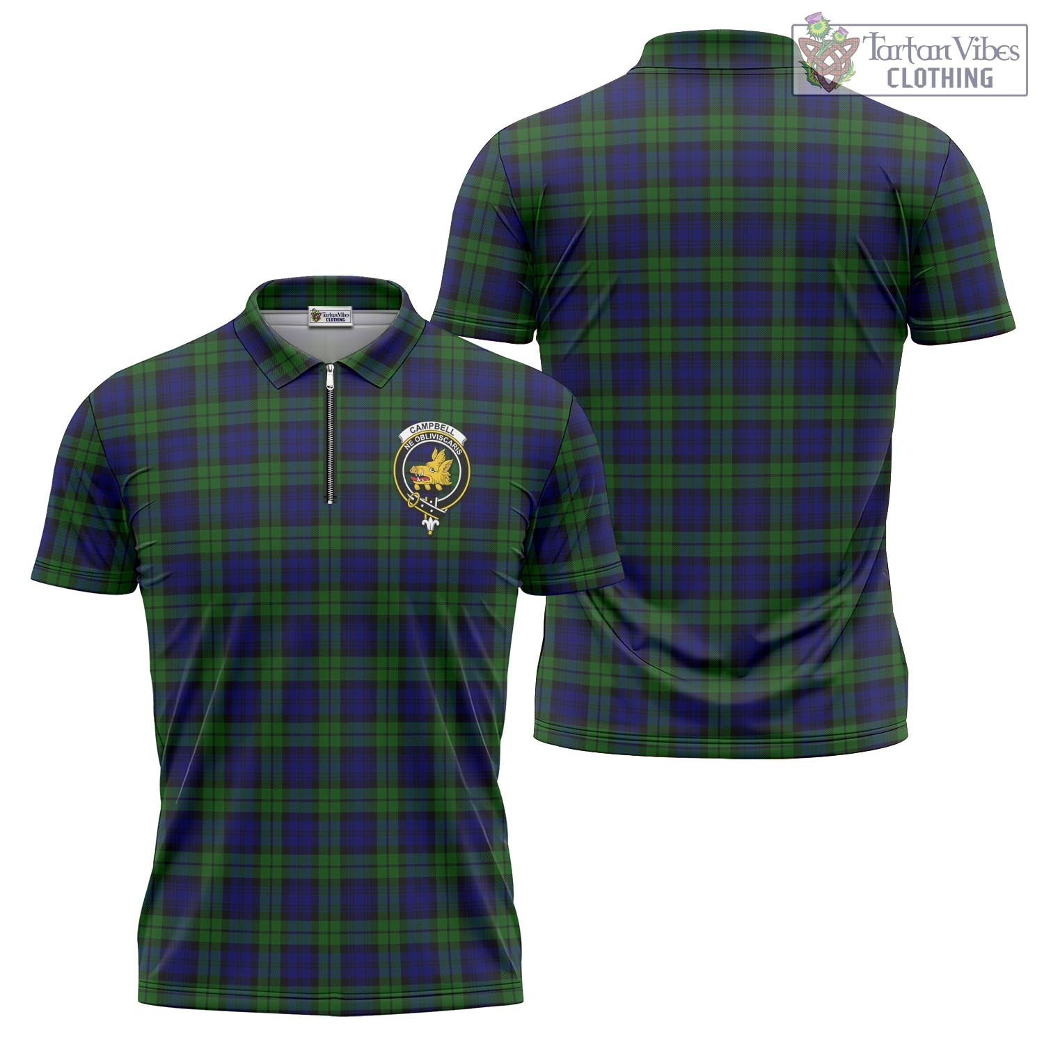 Tartan Vibes Clothing Campbell Modern Tartan Zipper Polo Shirt with Family Crest