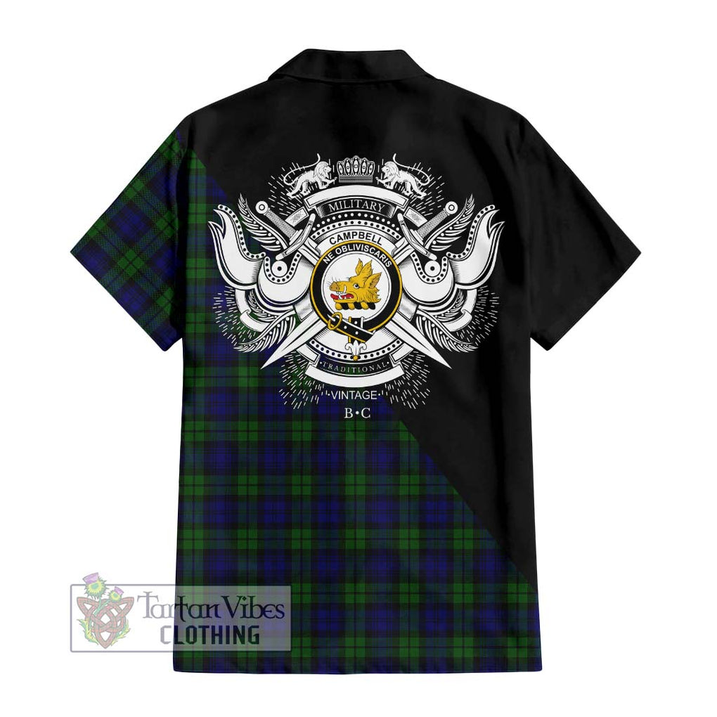 Campbell Tartan Short Sleeve Button Shirt with Family Crest and Military Logo Style - Tartanvibesclothing Shop