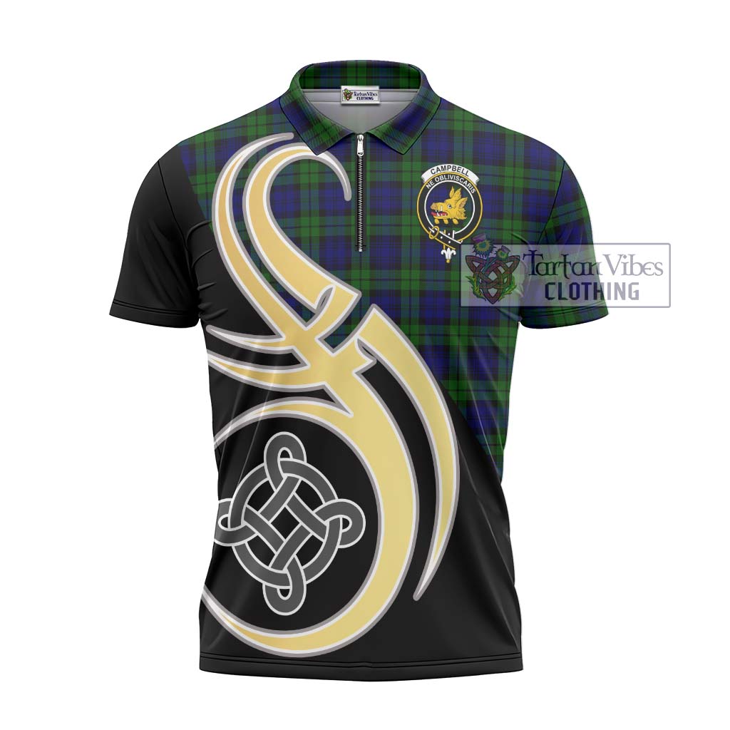 Tartan Vibes Clothing Campbell Modern Tartan Zipper Polo Shirt with Family Crest and Celtic Symbol Style