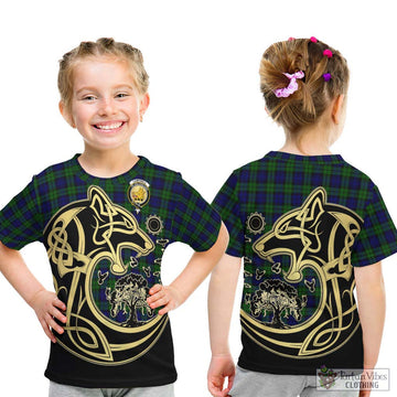 Campbell Tartan Kid T-Shirt with Family Crest Celtic Wolf Style