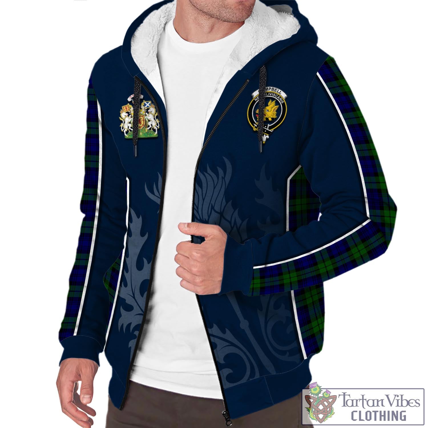 Tartan Vibes Clothing Campbell Modern Tartan Sherpa Hoodie with Family Crest and Scottish Thistle Vibes Sport Style