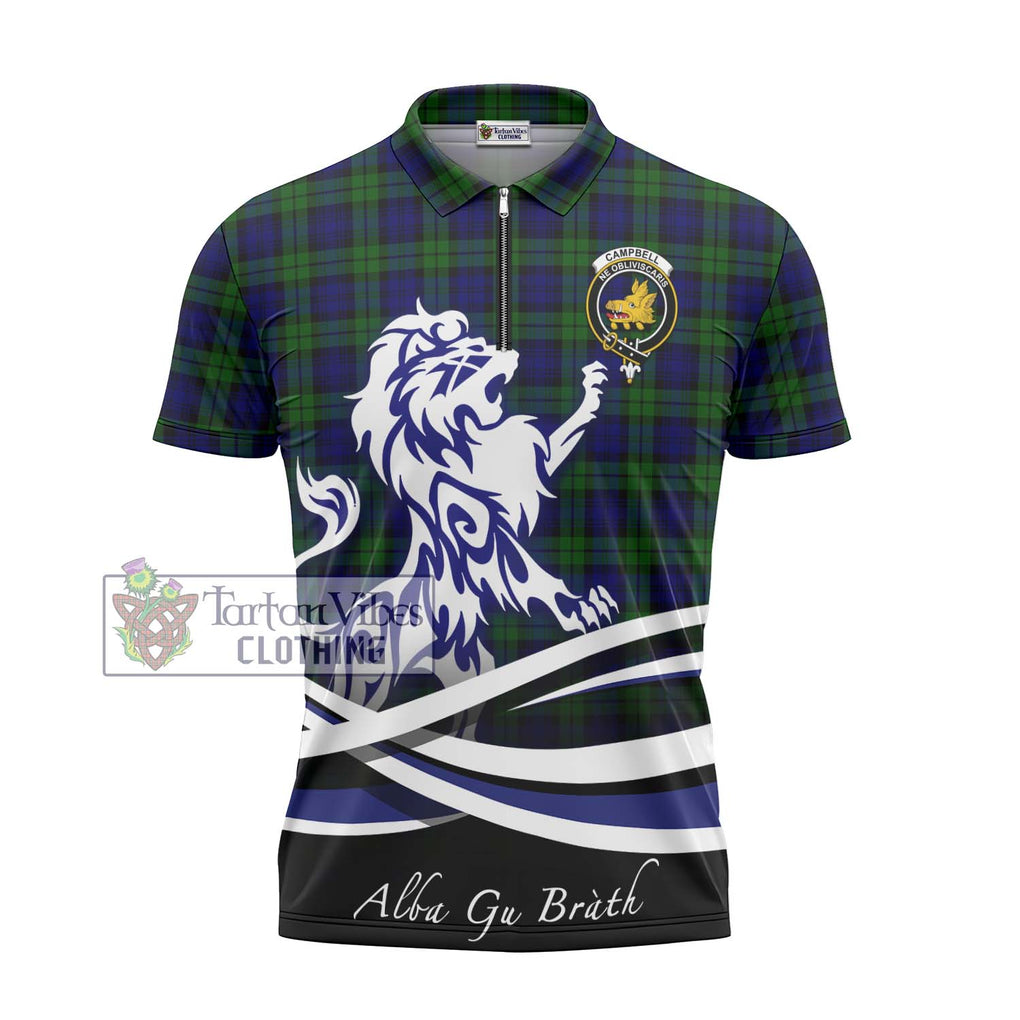 Campbell Tartan Zipper Polo Shirt with Alba Gu Brath Regal Lion Emblem - Tartanvibesclothing Shop