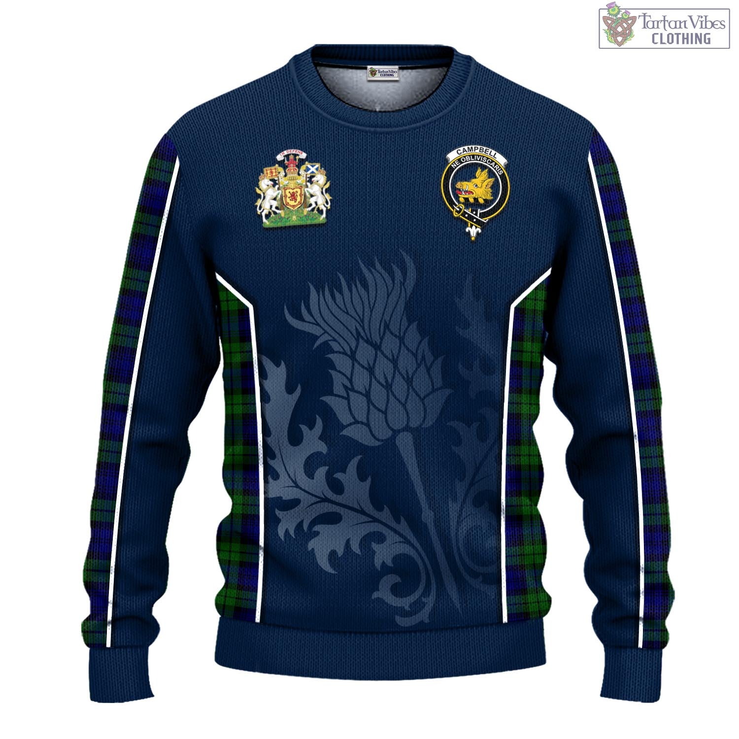 Tartan Vibes Clothing Campbell Modern Tartan Knitted Sweatshirt with Family Crest and Scottish Thistle Vibes Sport Style