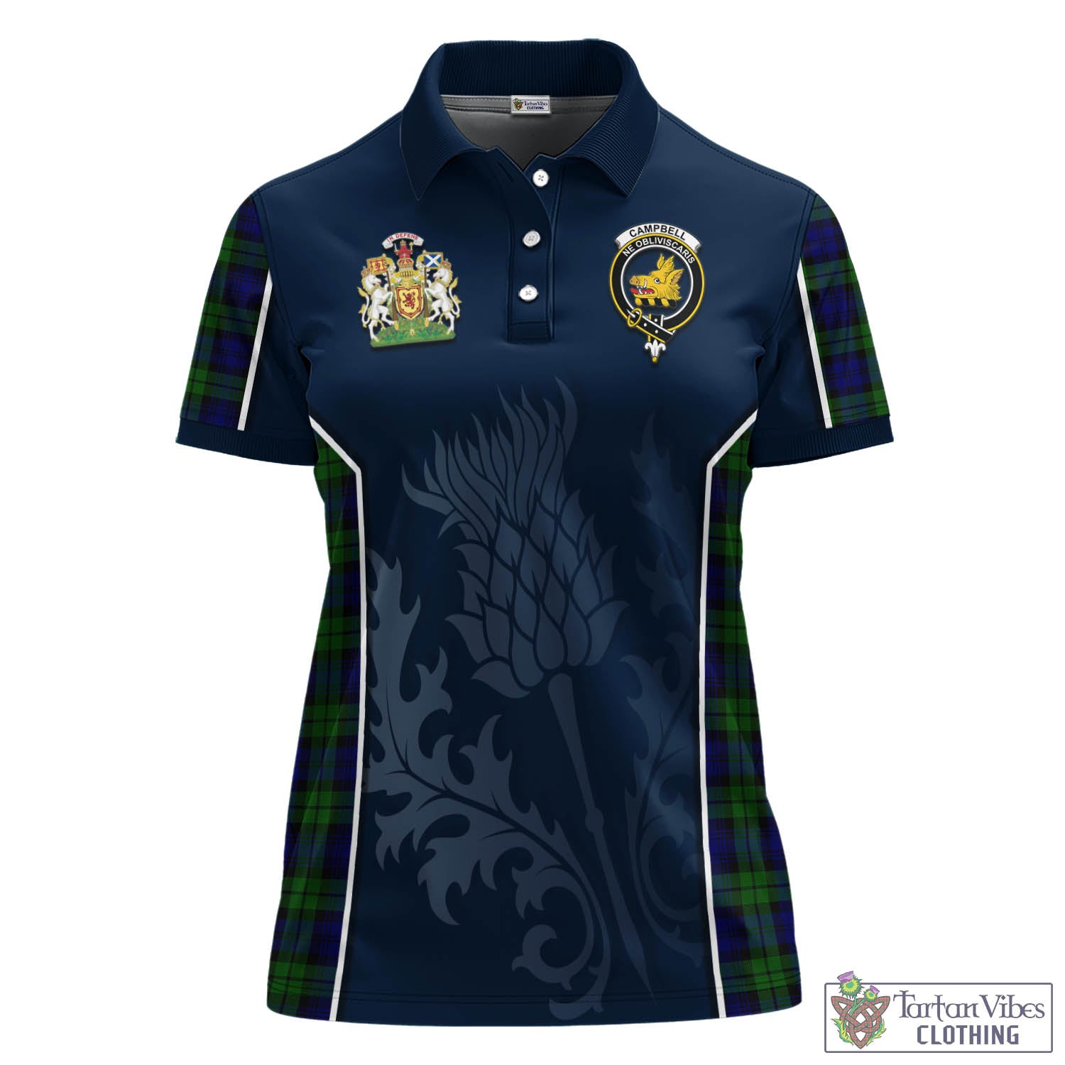 Tartan Vibes Clothing Campbell Modern Tartan Women's Polo Shirt with Family Crest and Scottish Thistle Vibes Sport Style