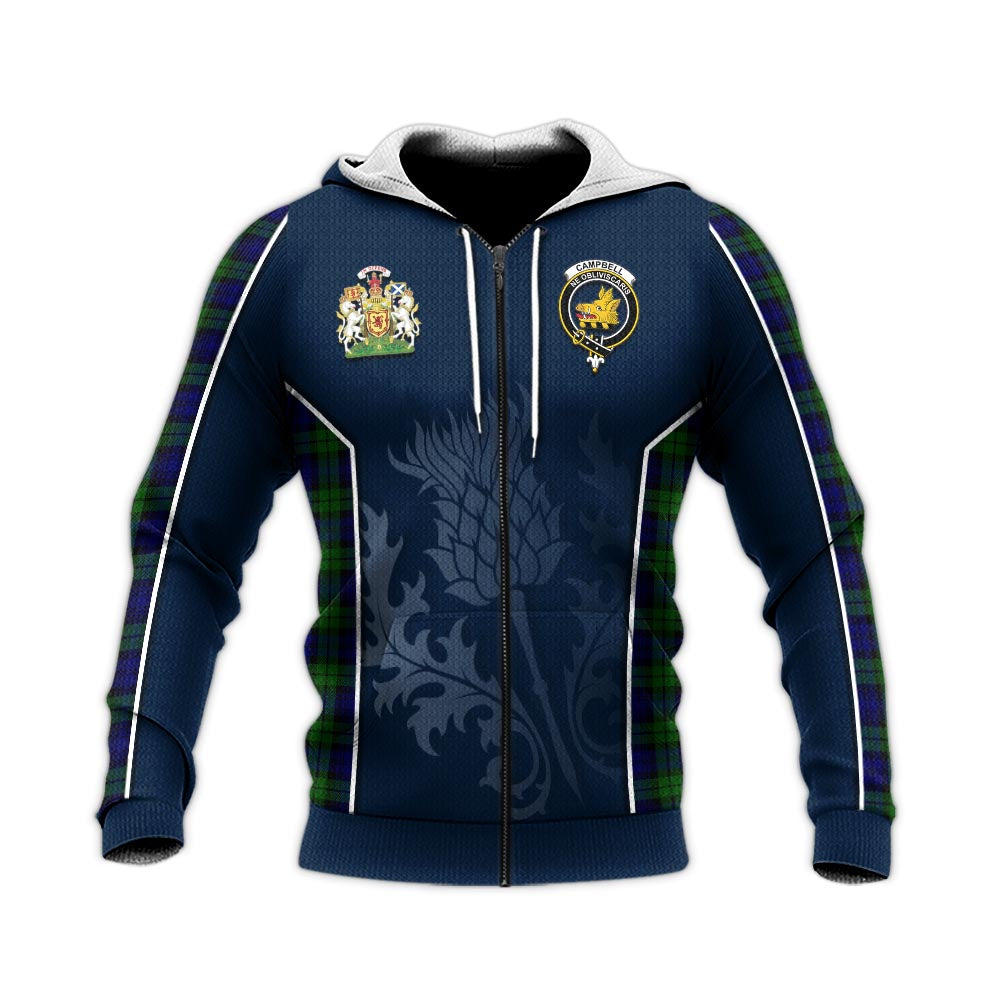 Tartan Vibes Clothing Campbell Modern Tartan Knitted Hoodie with Family Crest and Scottish Thistle Vibes Sport Style