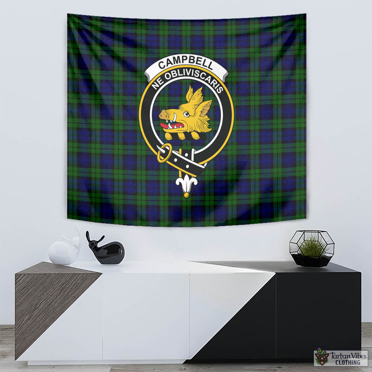 Tartan Vibes Clothing Campbell Modern Tartan Tapestry Wall Hanging and Home Decor for Room with Family Crest