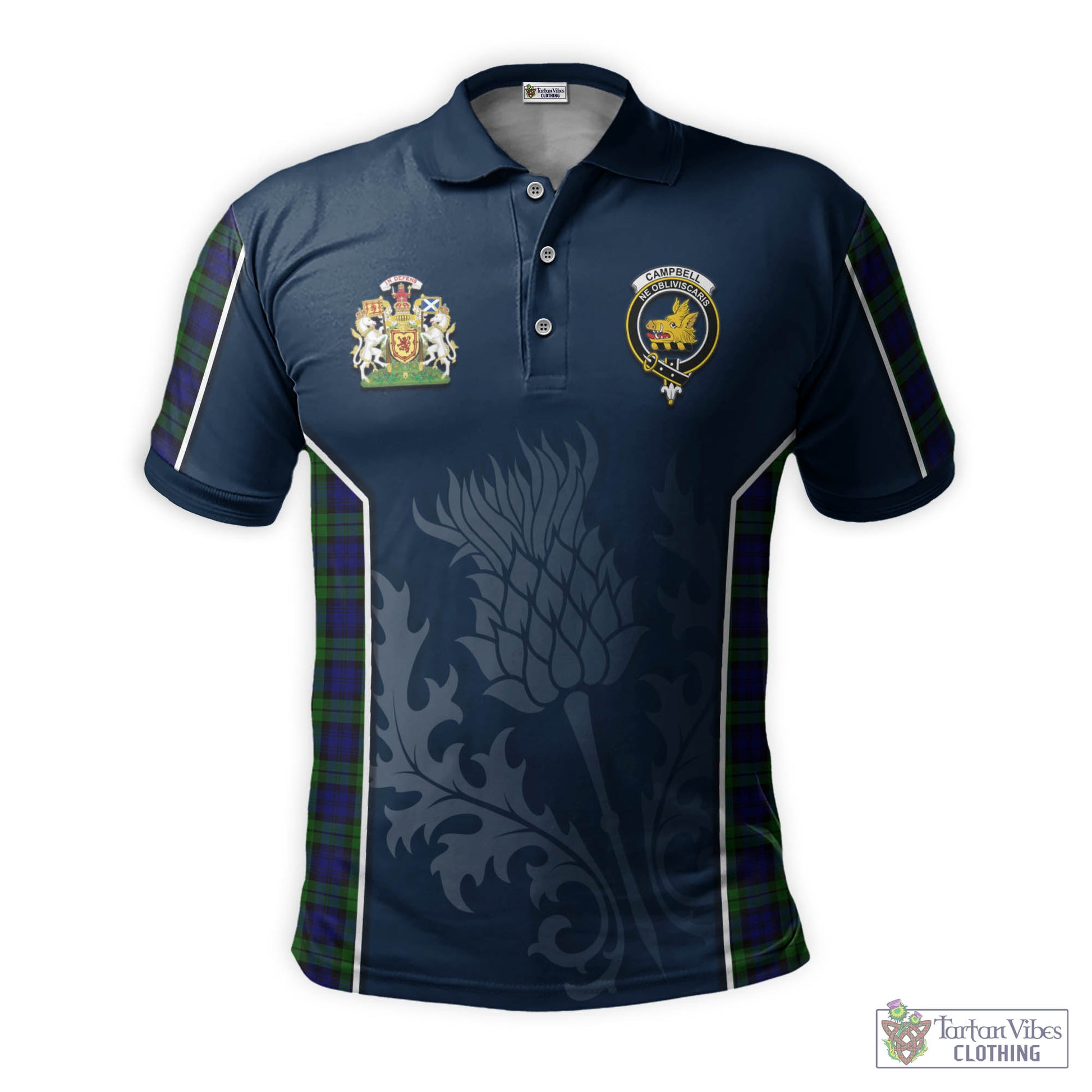 Tartan Vibes Clothing Campbell Modern Tartan Men's Polo Shirt with Family Crest and Scottish Thistle Vibes Sport Style