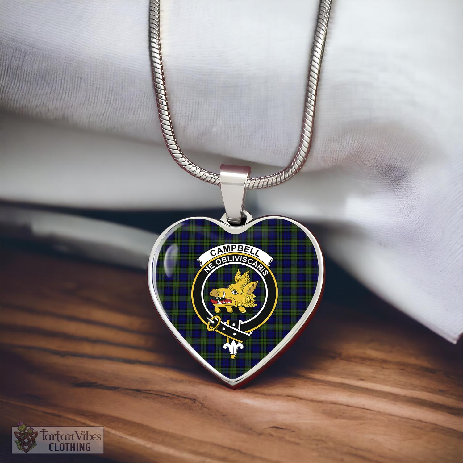 Tartan Vibes Clothing Campbell Modern Tartan Heart Necklace with Family Crest