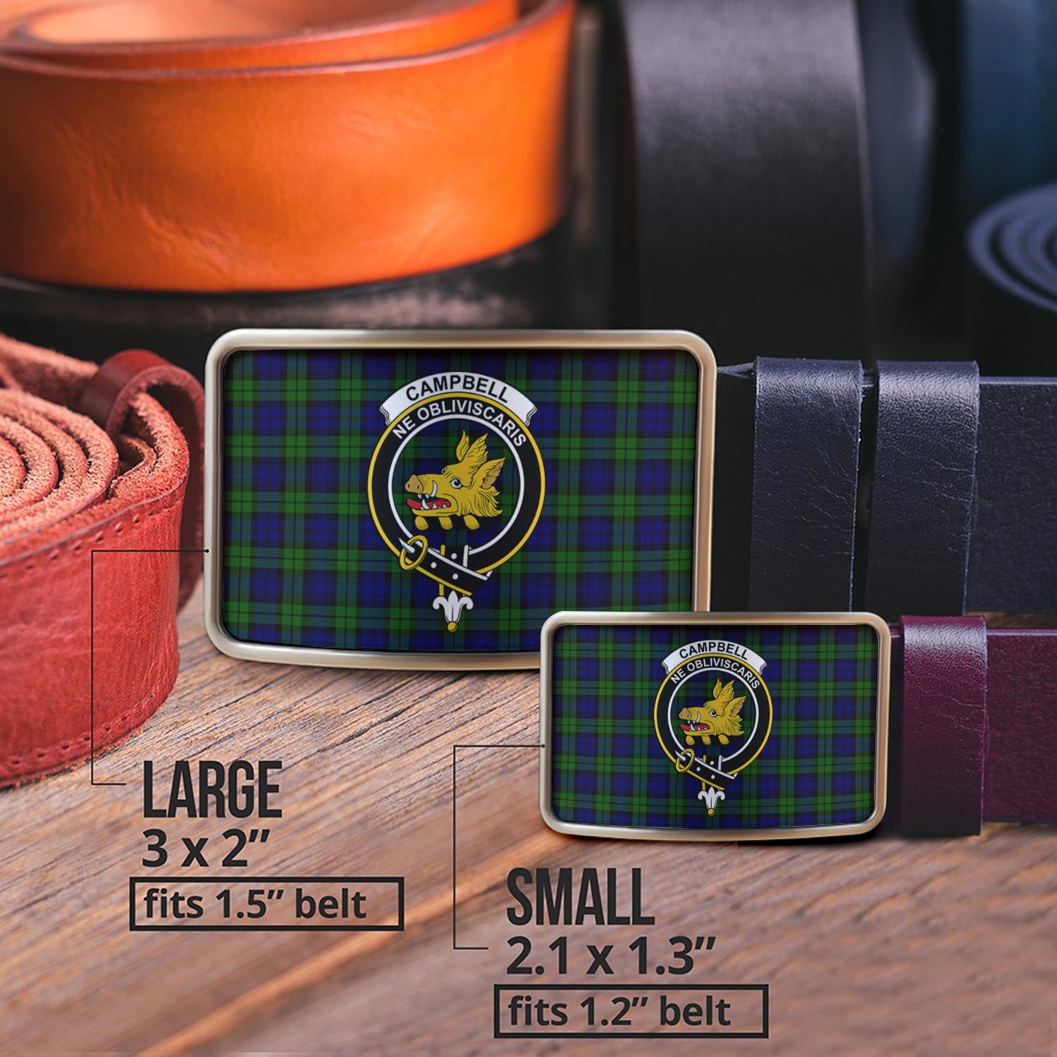 Campbell Tartan Belt Buckles with Family Crest - Tartan Vibes Clothing