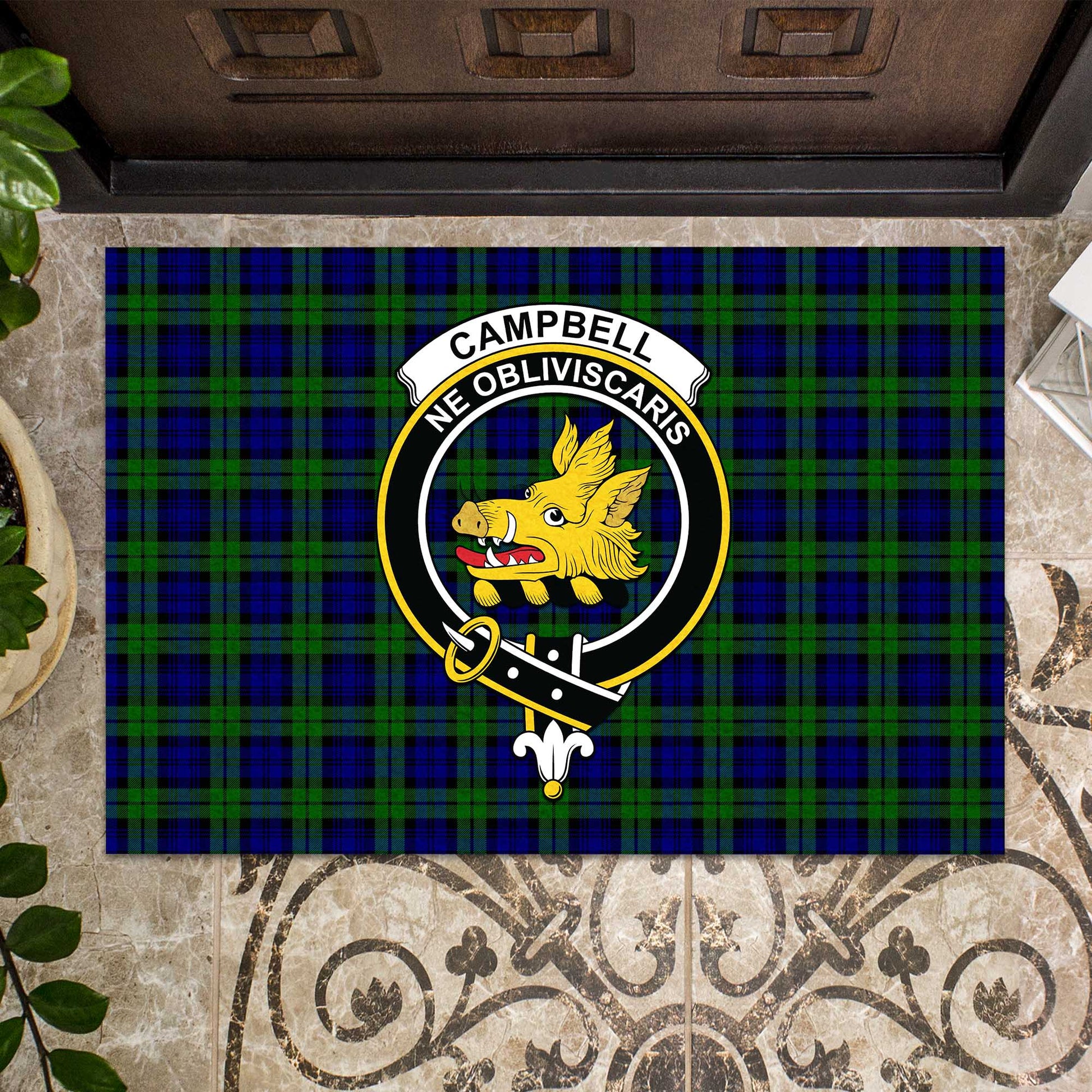 Campbell Modern Tartan Door Mat with Family Crest - Tartanvibesclothing