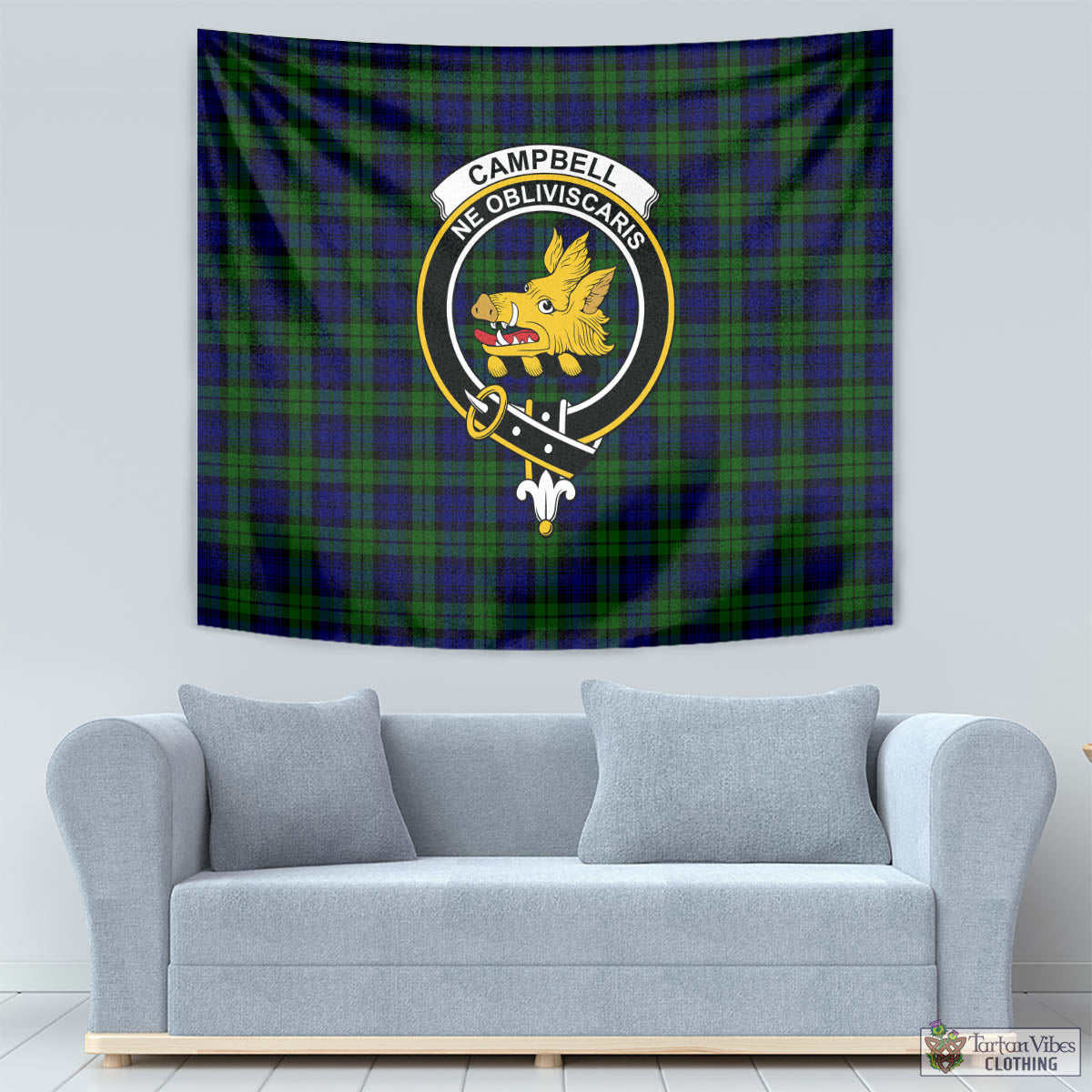 Tartan Vibes Clothing Campbell Modern Tartan Tapestry Wall Hanging and Home Decor for Room with Family Crest