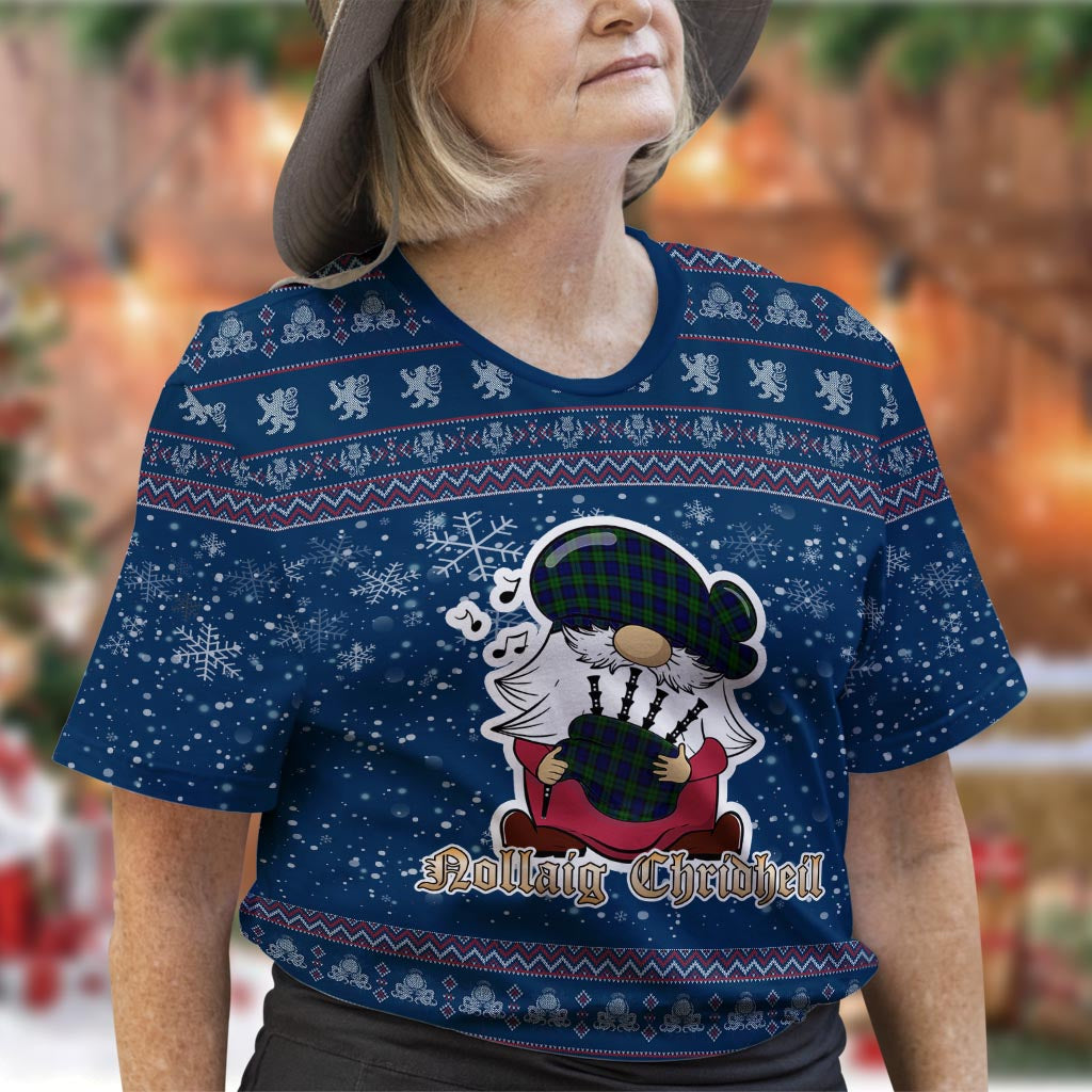 Campbell Modern Clan Christmas Family T-Shirt with Funny Gnome Playing Bagpipes Women's Shirt Blue - Tartanvibesclothing