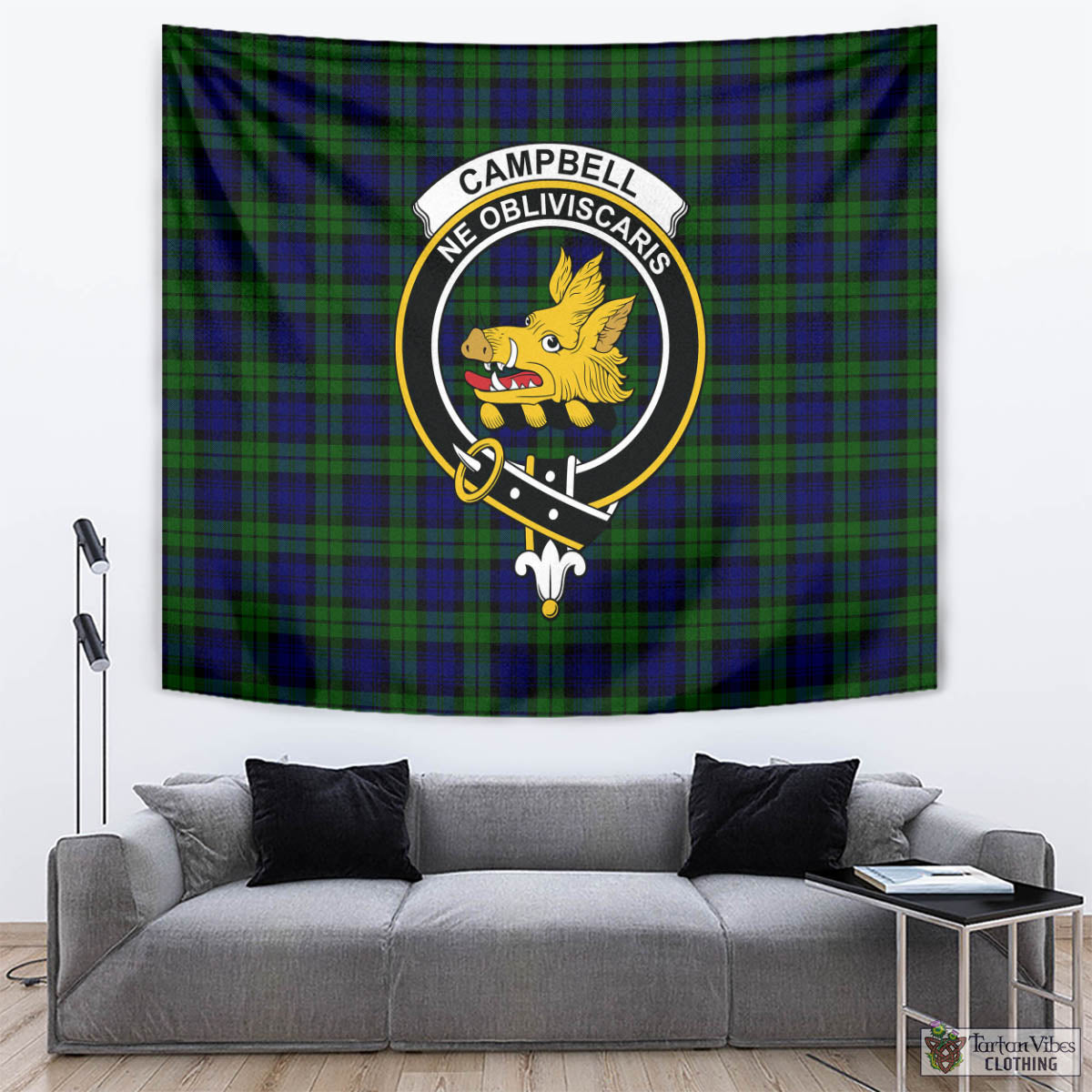 Tartan Vibes Clothing Campbell Modern Tartan Tapestry Wall Hanging and Home Decor for Room with Family Crest