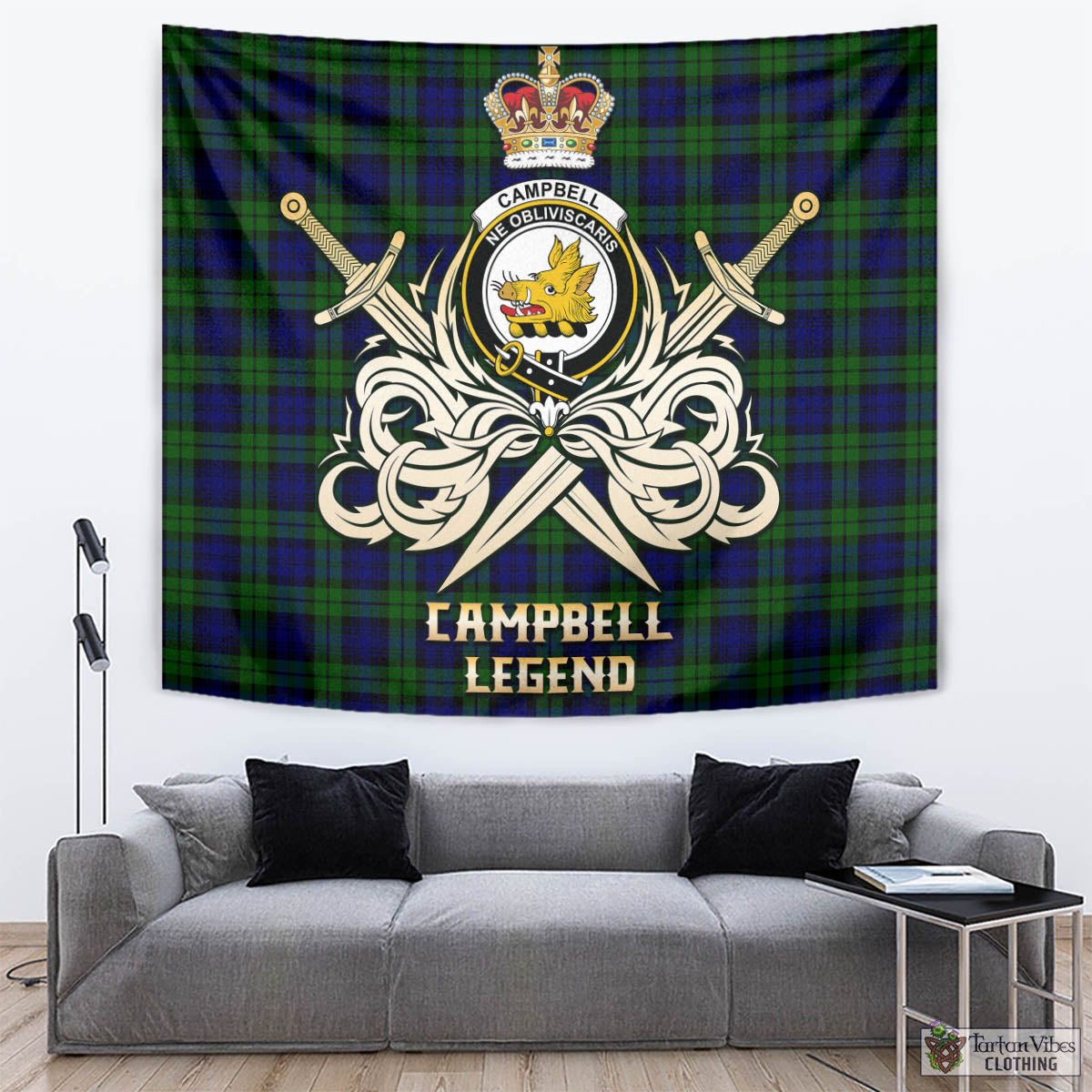 Tartan Vibes Clothing Campbell Modern Tartan Tapestry with Clan Crest and the Golden Sword of Courageous Legacy