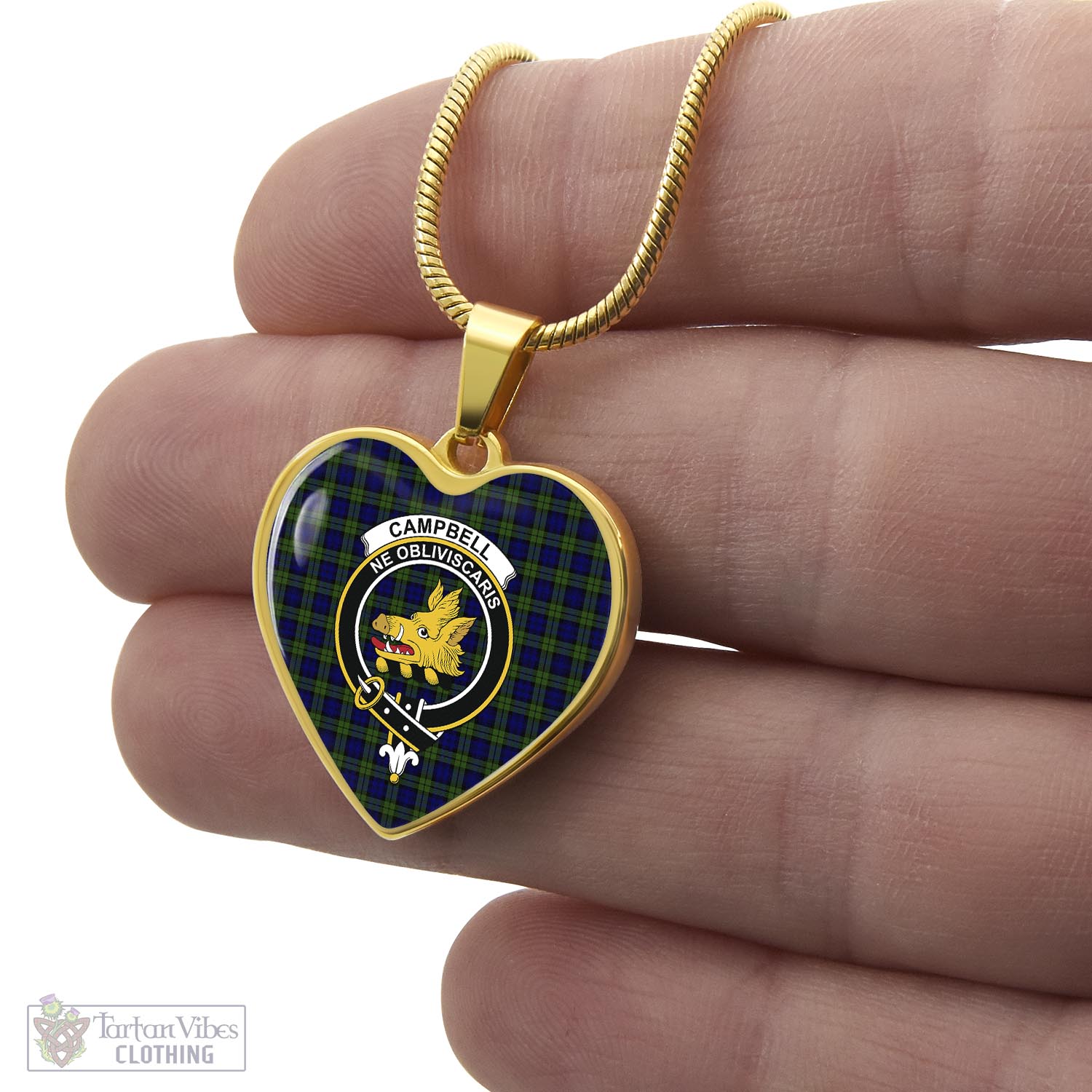 Tartan Vibes Clothing Campbell Modern Tartan Heart Necklace with Family Crest