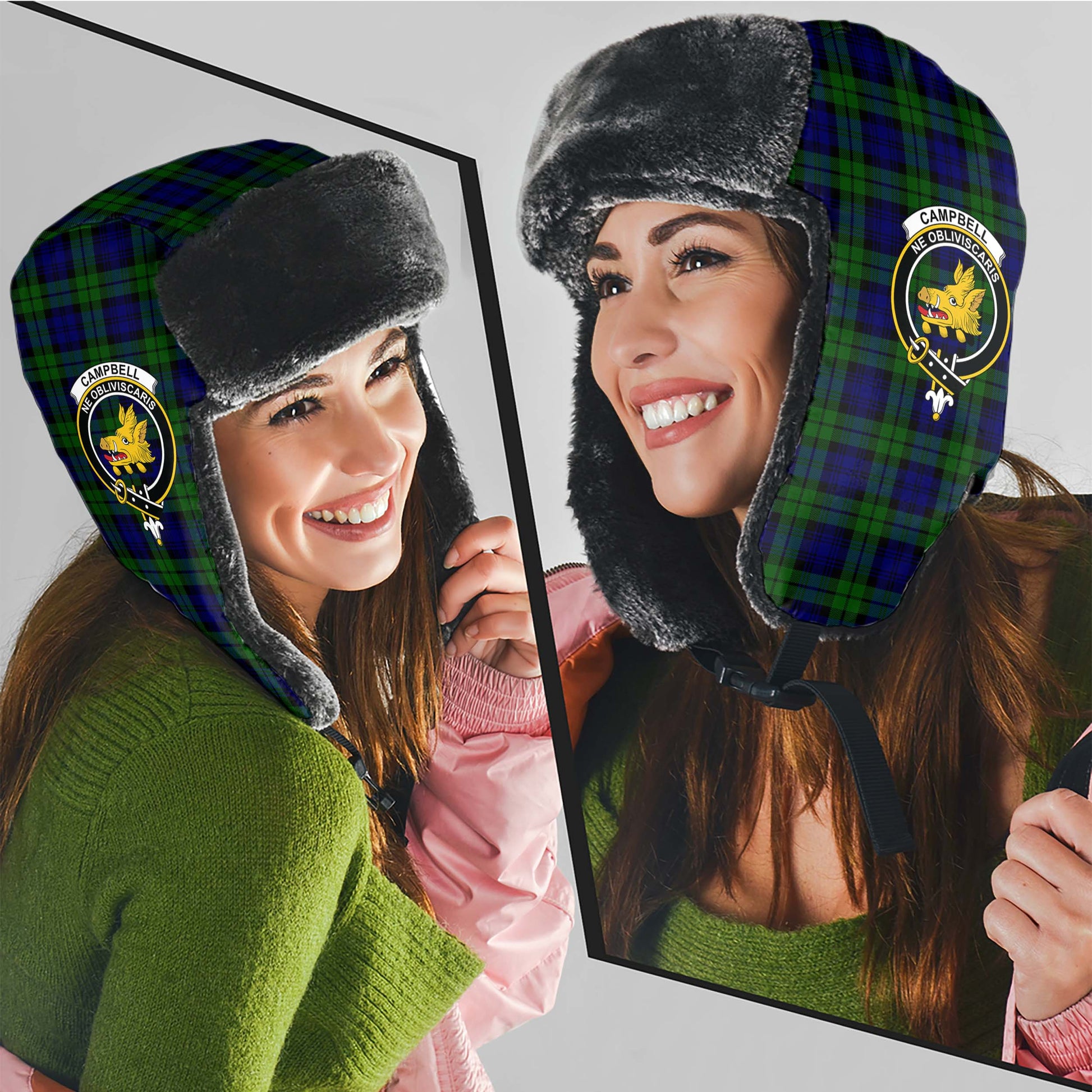 Campbell Modern Tartan Winter Trapper Hat with Family Crest - Tartanvibesclothing