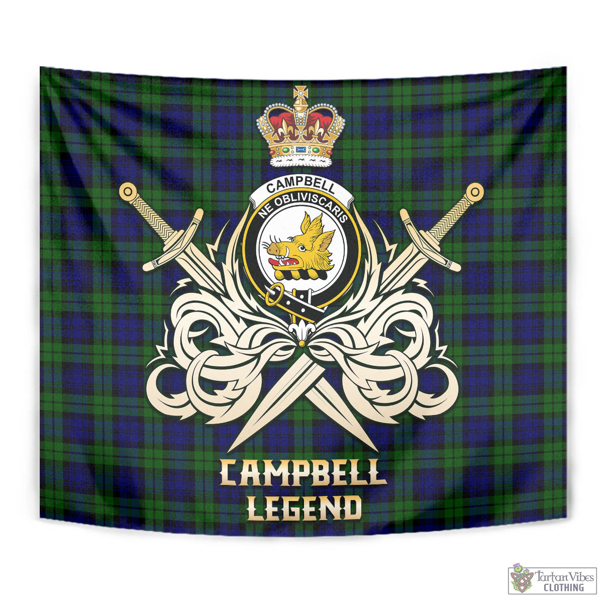 Tartan Vibes Clothing Campbell Modern Tartan Tapestry with Clan Crest and the Golden Sword of Courageous Legacy