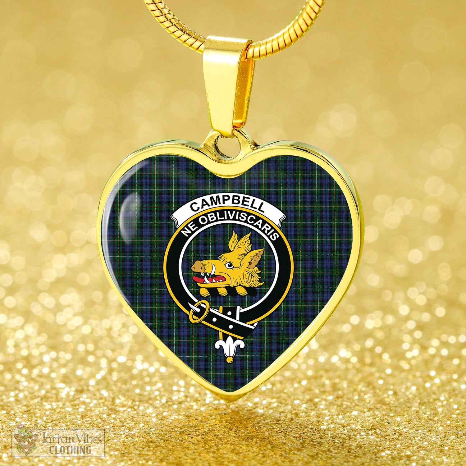 Tartan Vibes Clothing Campbell of Argyll #01 Tartan Heart Necklace with Family Crest