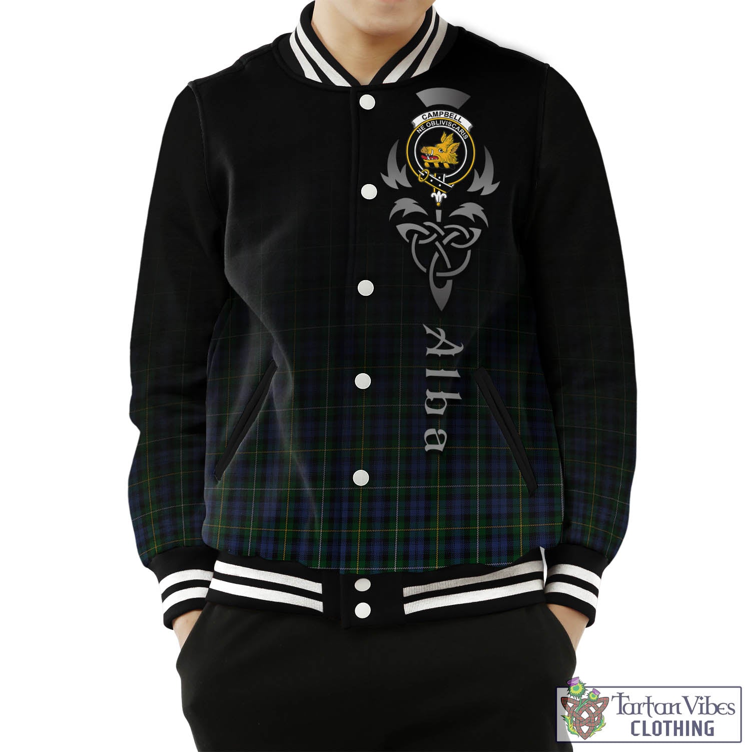 Tartan Vibes Clothing Campbell of Argyll #01 Tartan Baseball Jacket Featuring Alba Gu Brath Family Crest Celtic Inspired