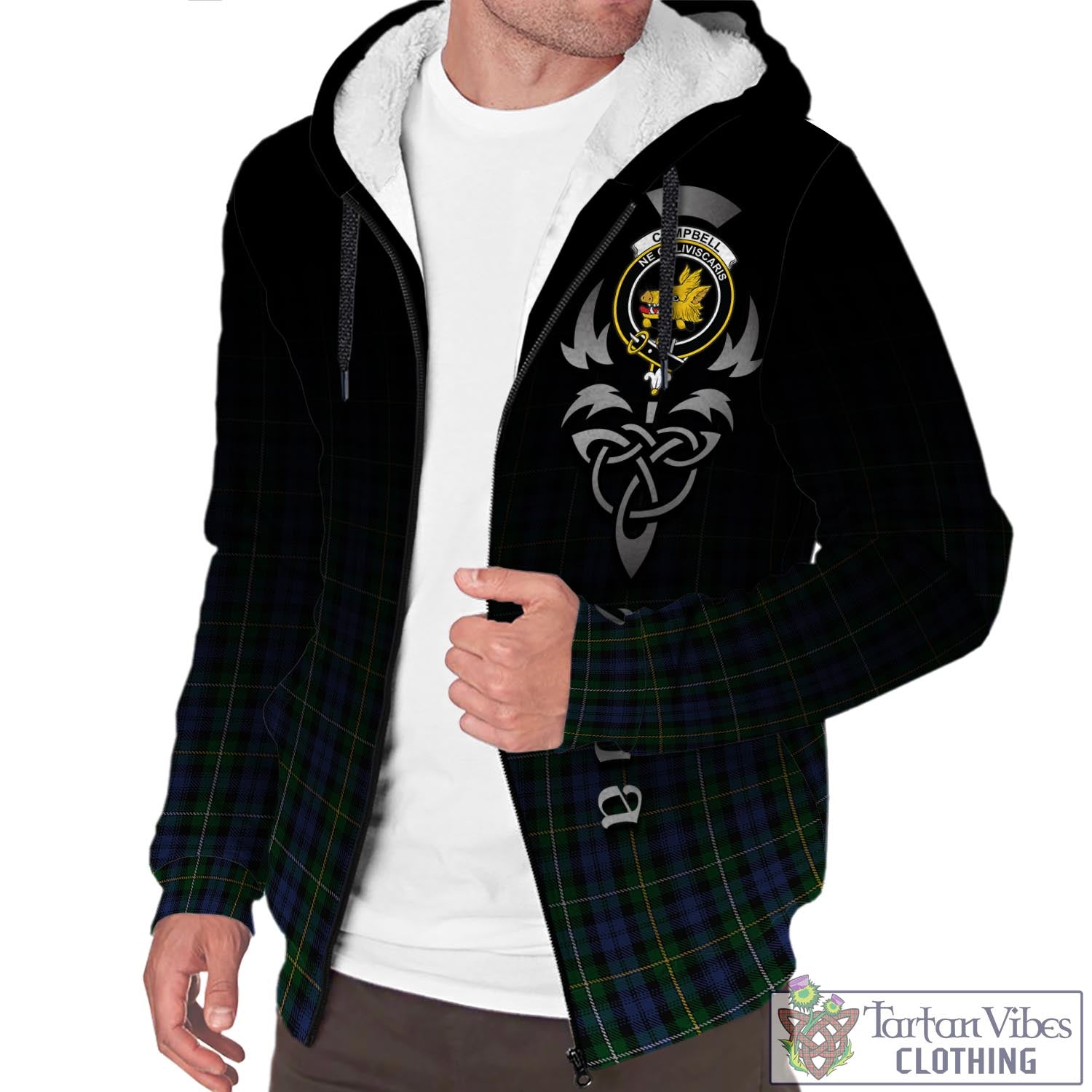 Tartan Vibes Clothing Campbell of Argyll #01 Tartan Sherpa Hoodie Featuring Alba Gu Brath Family Crest Celtic Inspired