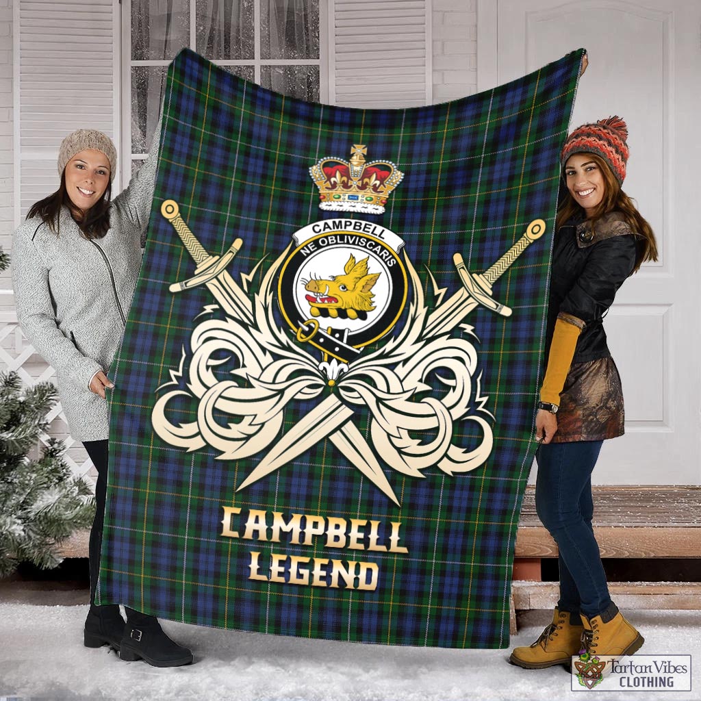 Tartan Vibes Clothing Campbell of Argyll #01 Tartan Blanket with Clan Crest and the Golden Sword of Courageous Legacy