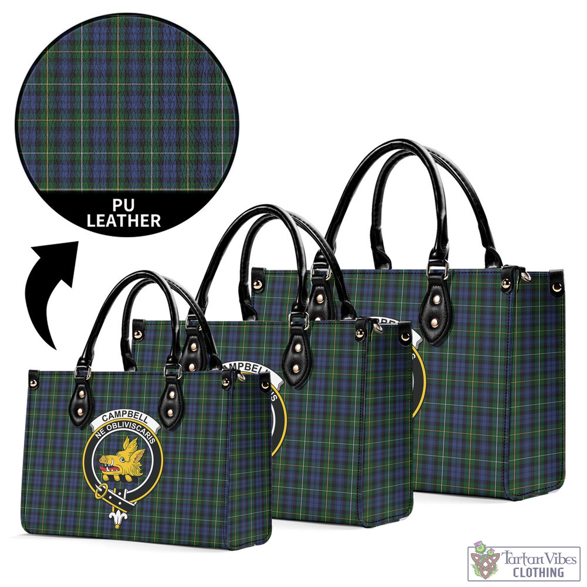 Tartan Vibes Clothing Campbell of Argyll #01 Tartan Luxury Leather Handbags with Family Crest