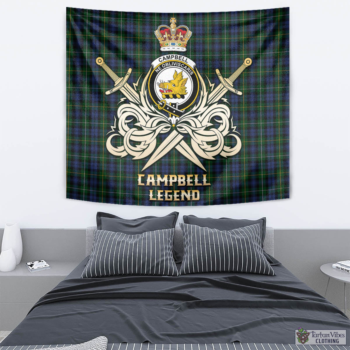 Tartan Vibes Clothing Campbell of Argyll #01 Tartan Tapestry with Clan Crest and the Golden Sword of Courageous Legacy