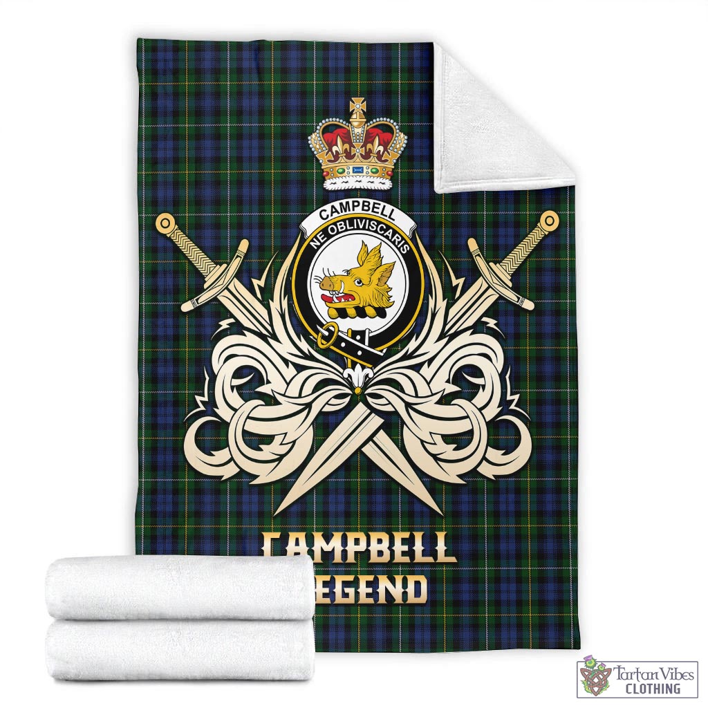 Tartan Vibes Clothing Campbell of Argyll #01 Tartan Blanket with Clan Crest and the Golden Sword of Courageous Legacy