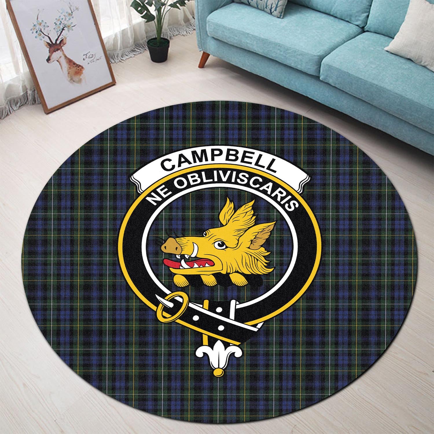 Campbell of Argyll #01 Tartan Round Rug with Family Crest - Tartanvibesclothing Shop