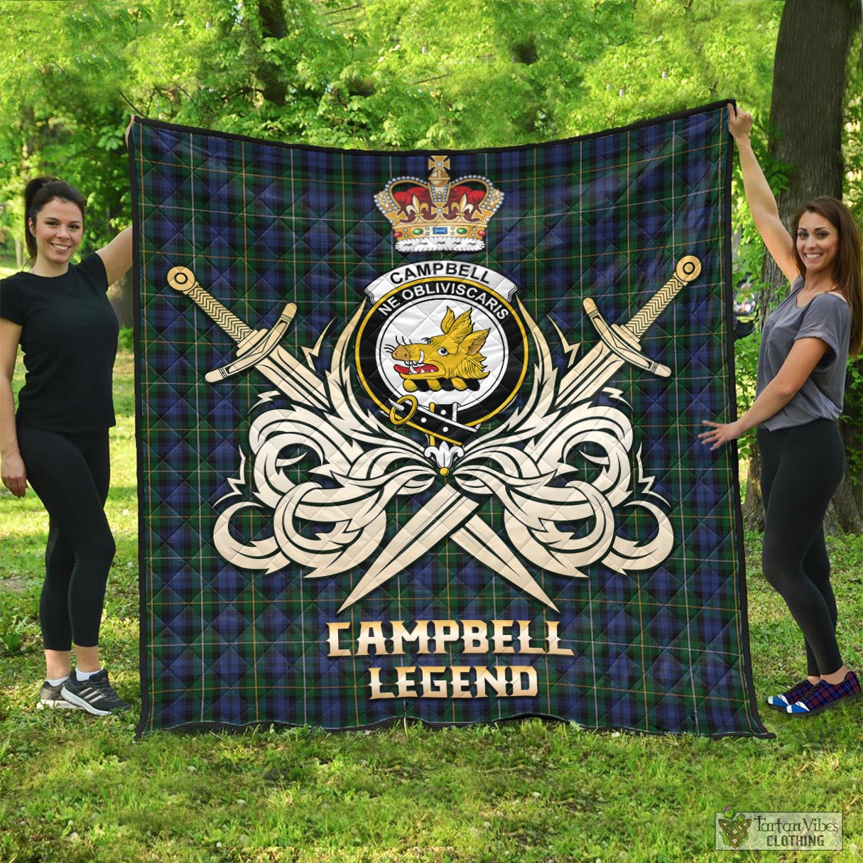 Tartan Vibes Clothing Campbell of Argyll #01 Tartan Quilt with Clan Crest and the Golden Sword of Courageous Legacy