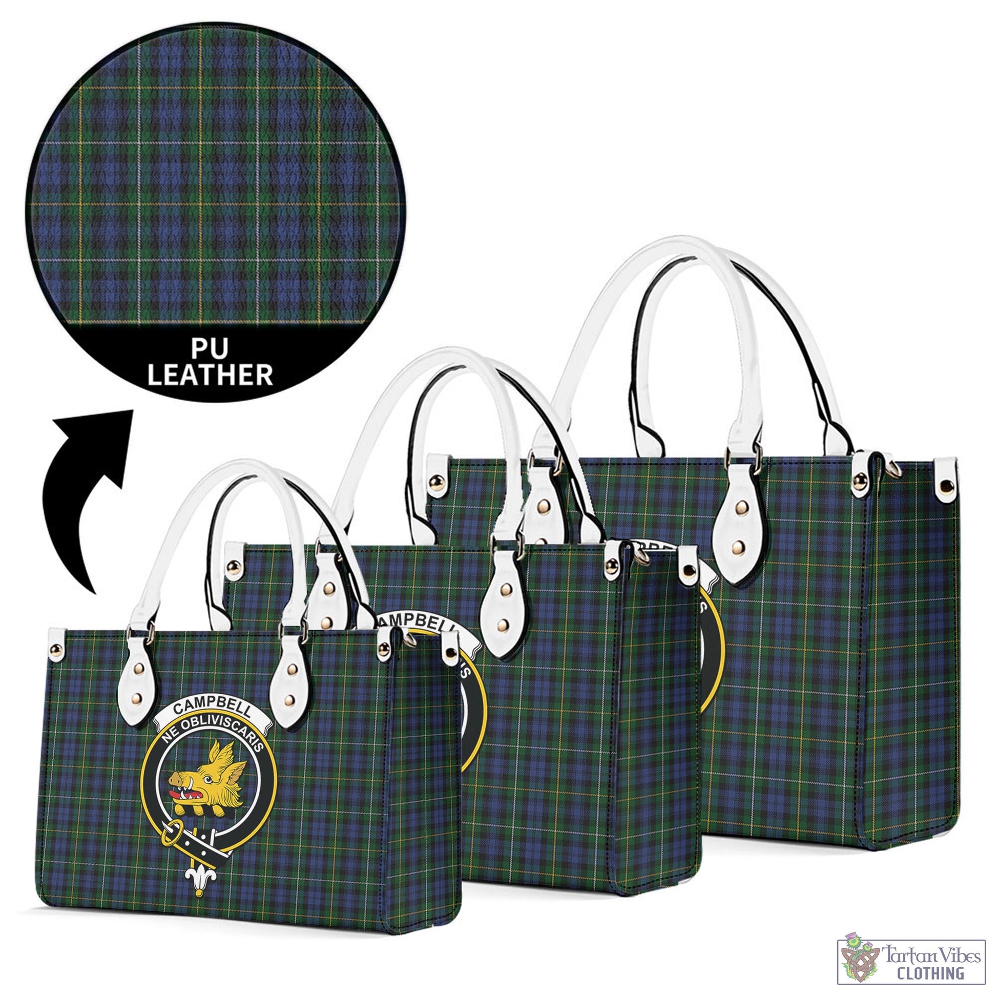 Tartan Vibes Clothing Campbell of Argyll #01 Tartan Luxury Leather Handbags with Family Crest