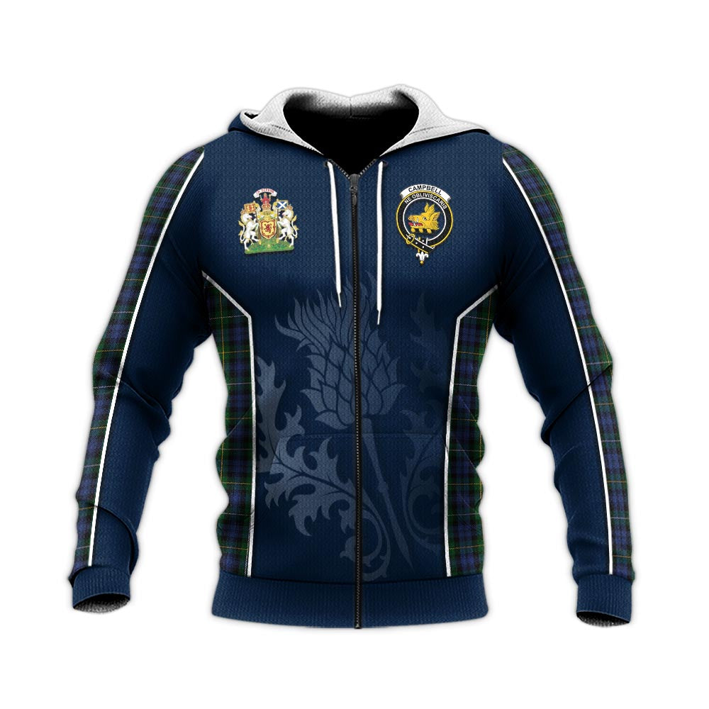 Tartan Vibes Clothing Campbell of Argyll #01 Tartan Knitted Hoodie with Family Crest and Scottish Thistle Vibes Sport Style