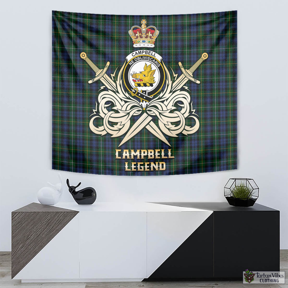 Tartan Vibes Clothing Campbell of Argyll #01 Tartan Tapestry with Clan Crest and the Golden Sword of Courageous Legacy