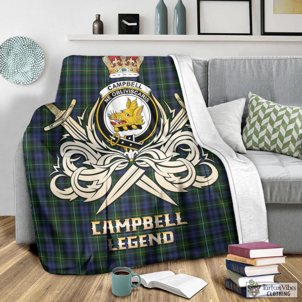 Tartan Vibes Clothing Campbell of Argyll #01 Tartan Blanket with Clan Crest and the Golden Sword of Courageous Legacy