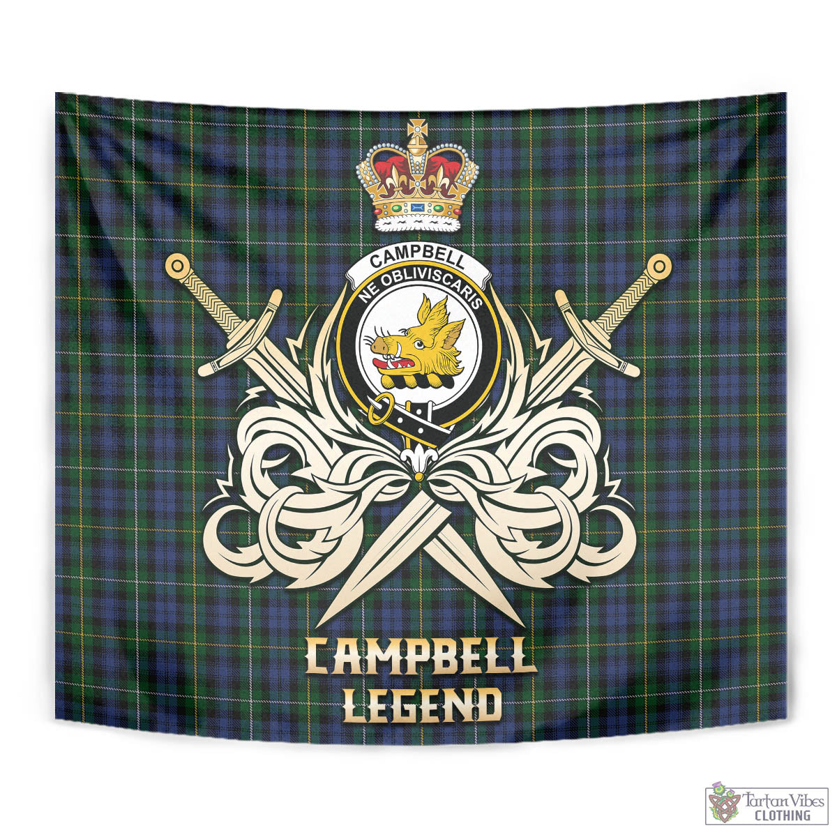 Tartan Vibes Clothing Campbell of Argyll #01 Tartan Tapestry with Clan Crest and the Golden Sword of Courageous Legacy